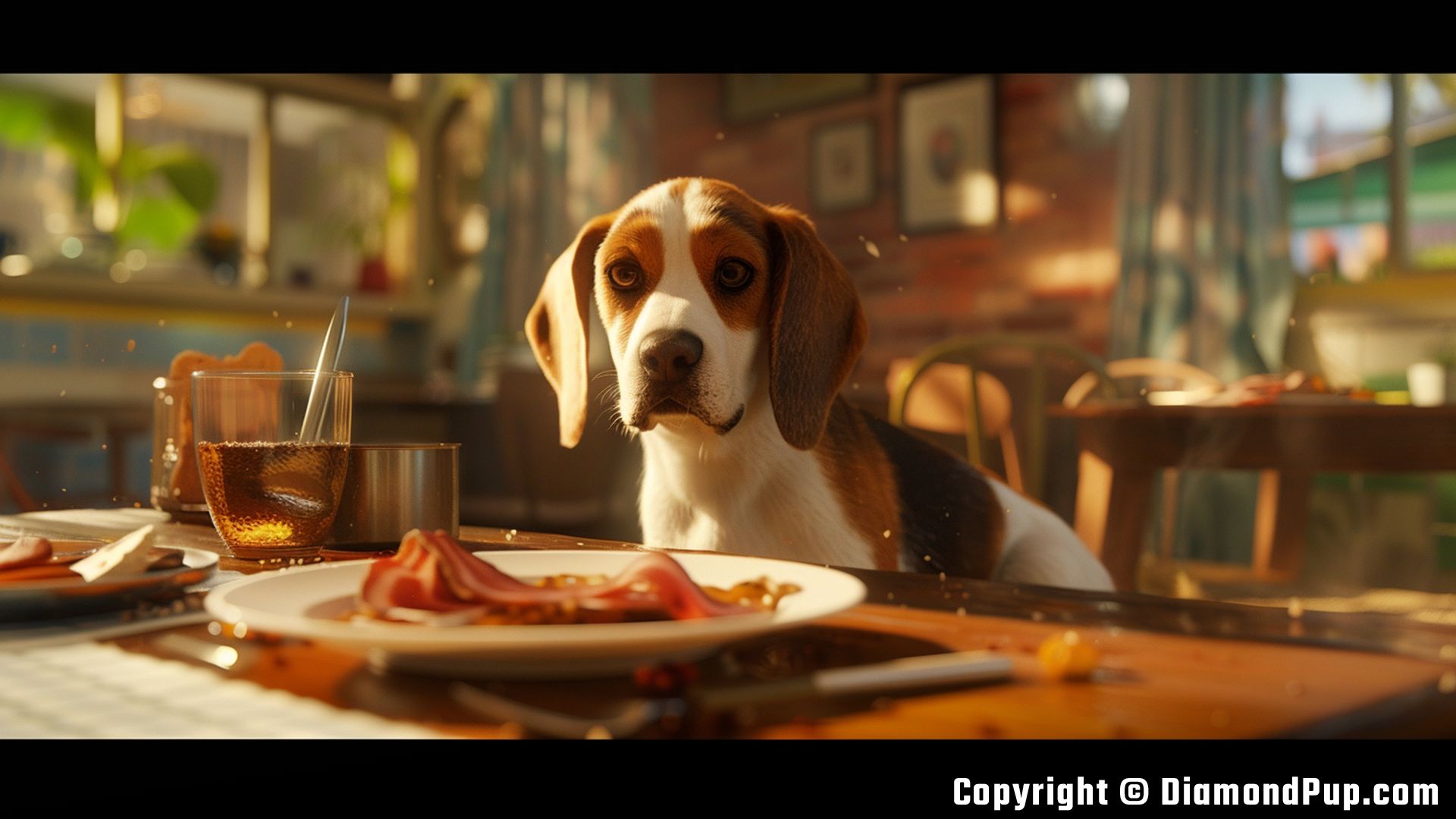 Image of a Cute Beagle Eating Bacon