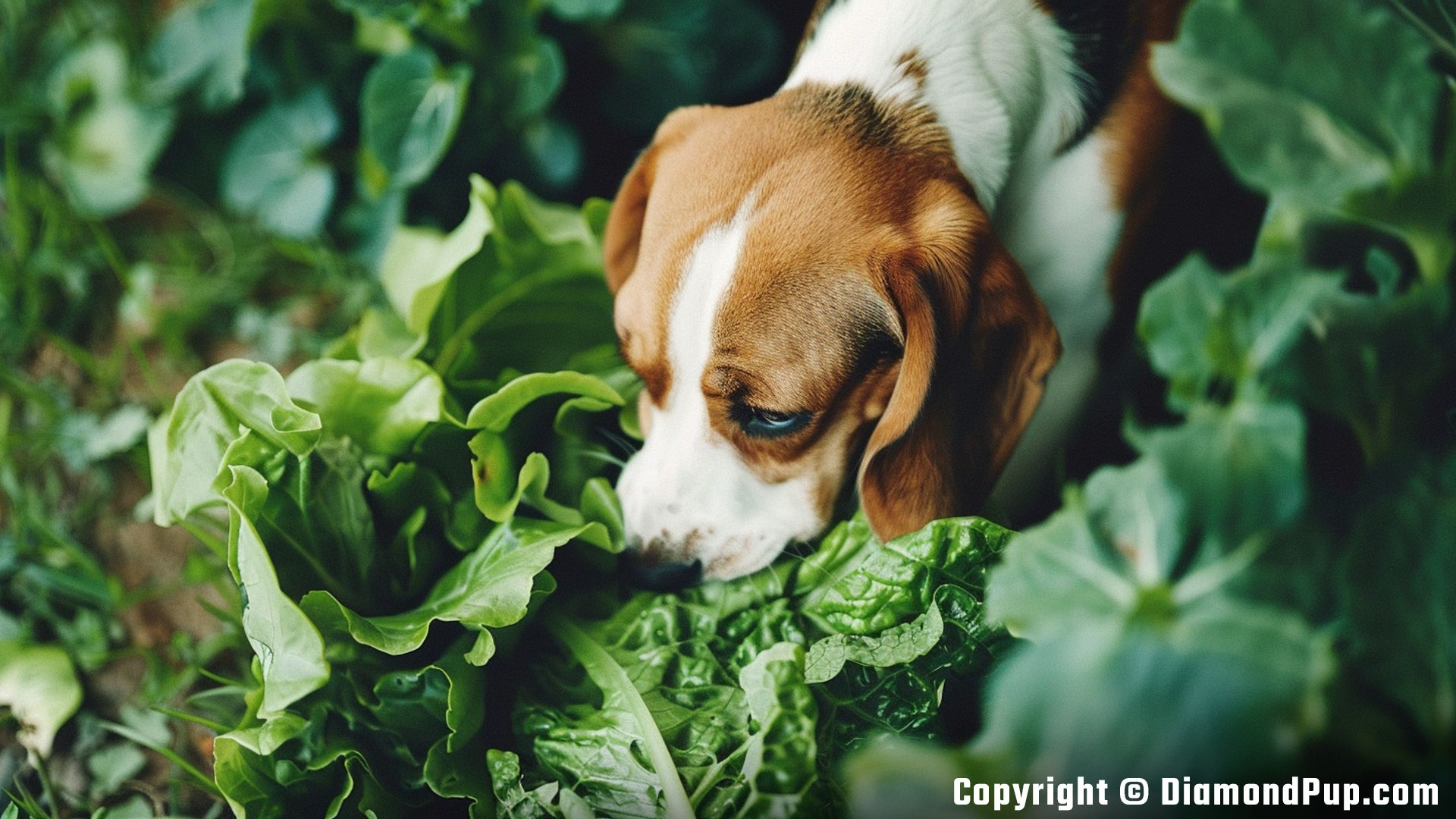Image of a Cute Beagle Eating Lettuce