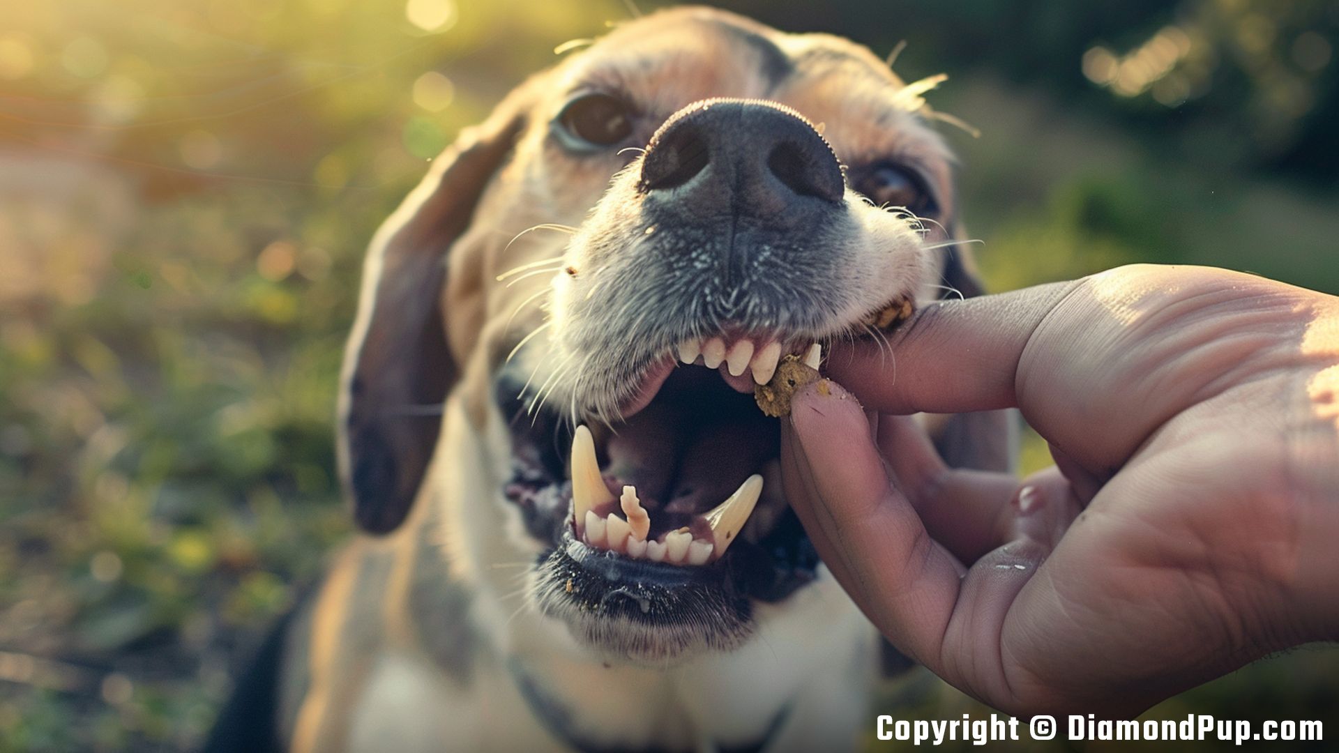 Image of a Cute Beagle Eating Peaches