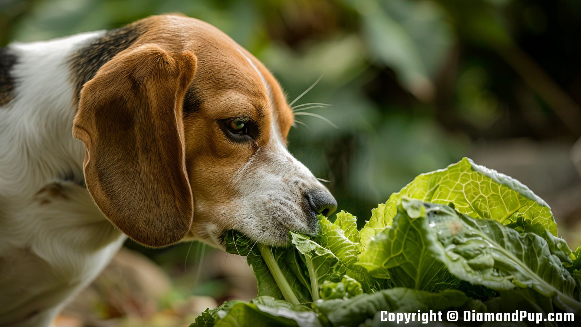Image of a Cute Beagle Snacking on Lettuce