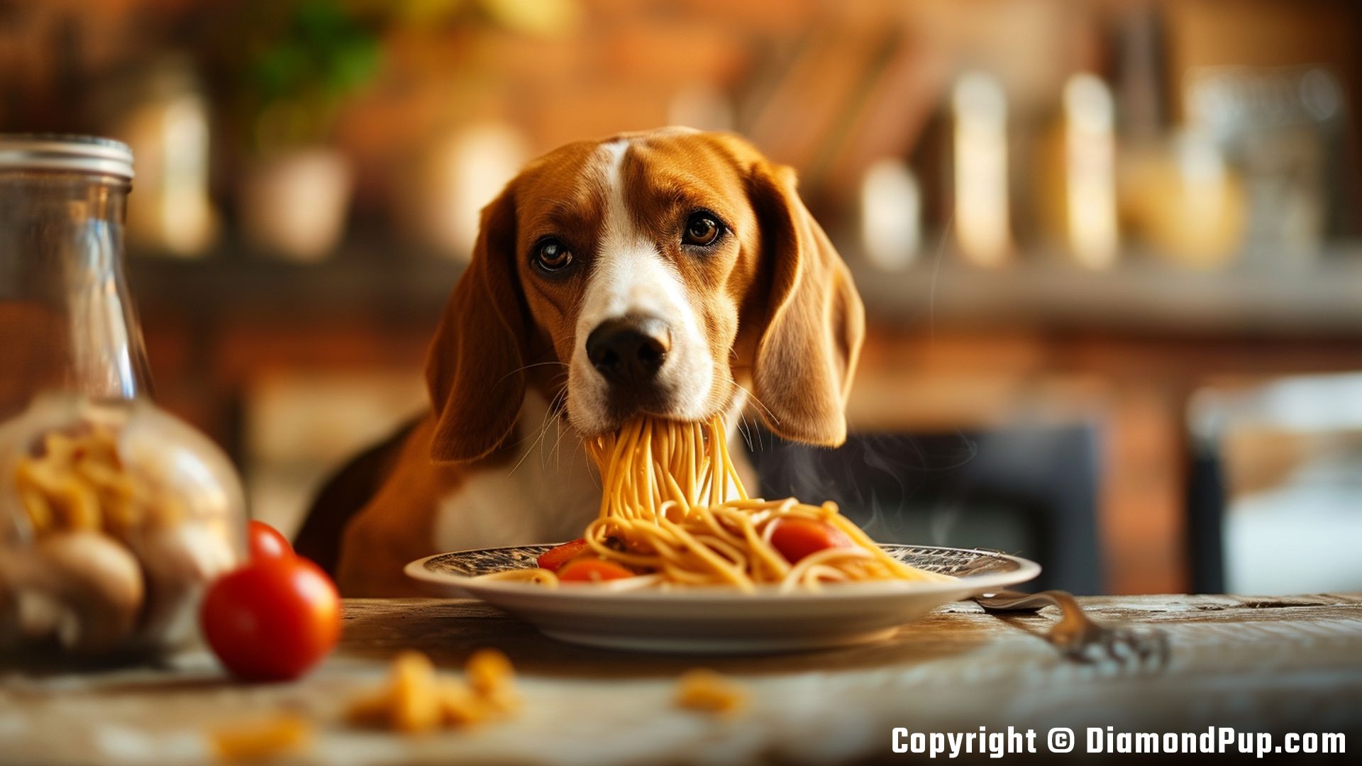 Image of a Cute Beagle Snacking on Pasta
