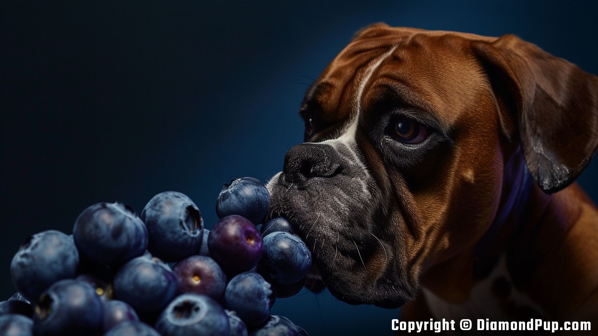 Image of a Cute Boxer Snacking on Blueberries