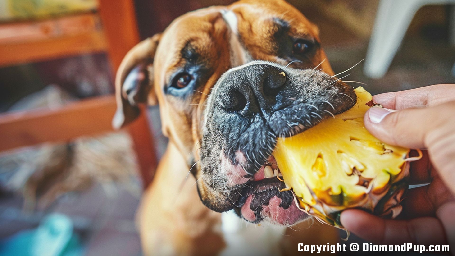 Image of a Cute Boxer Snacking on Pineapple