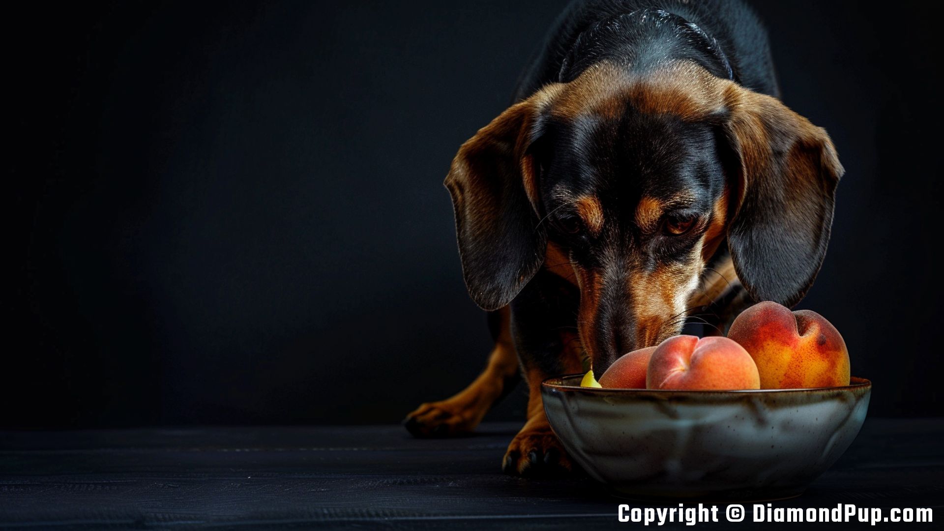 Image of a Cute Dachshund Eating Peaches