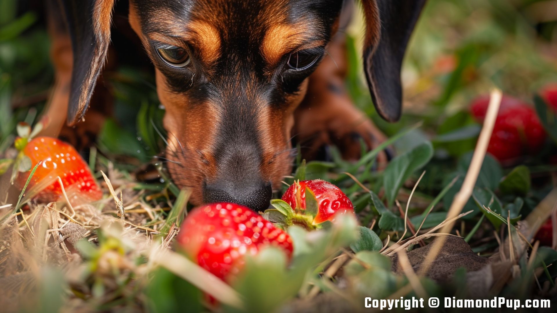Image of a Cute Dachshund Snacking on Strawberries