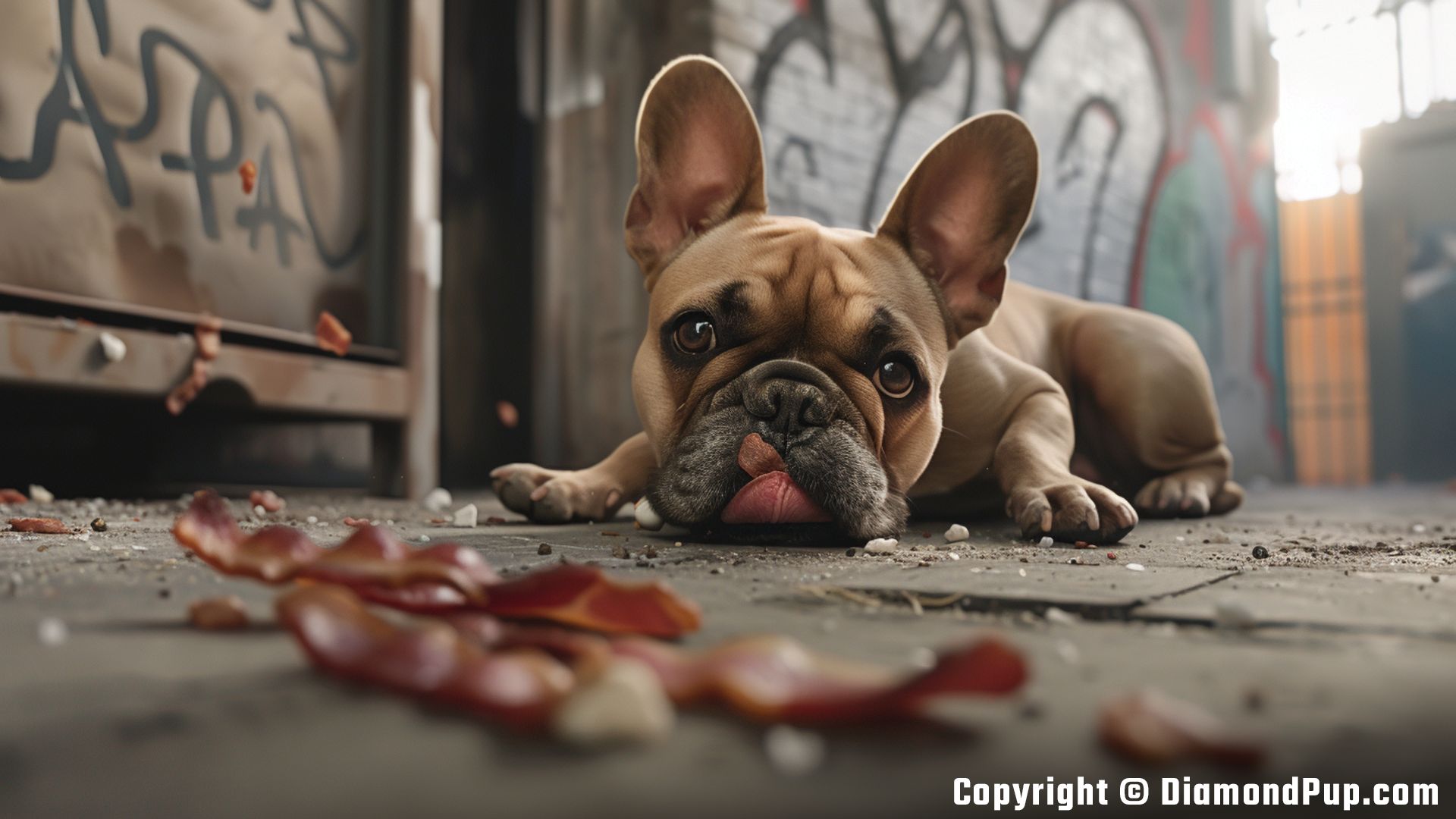 Image of a Cute French Bulldog Eating Bacon