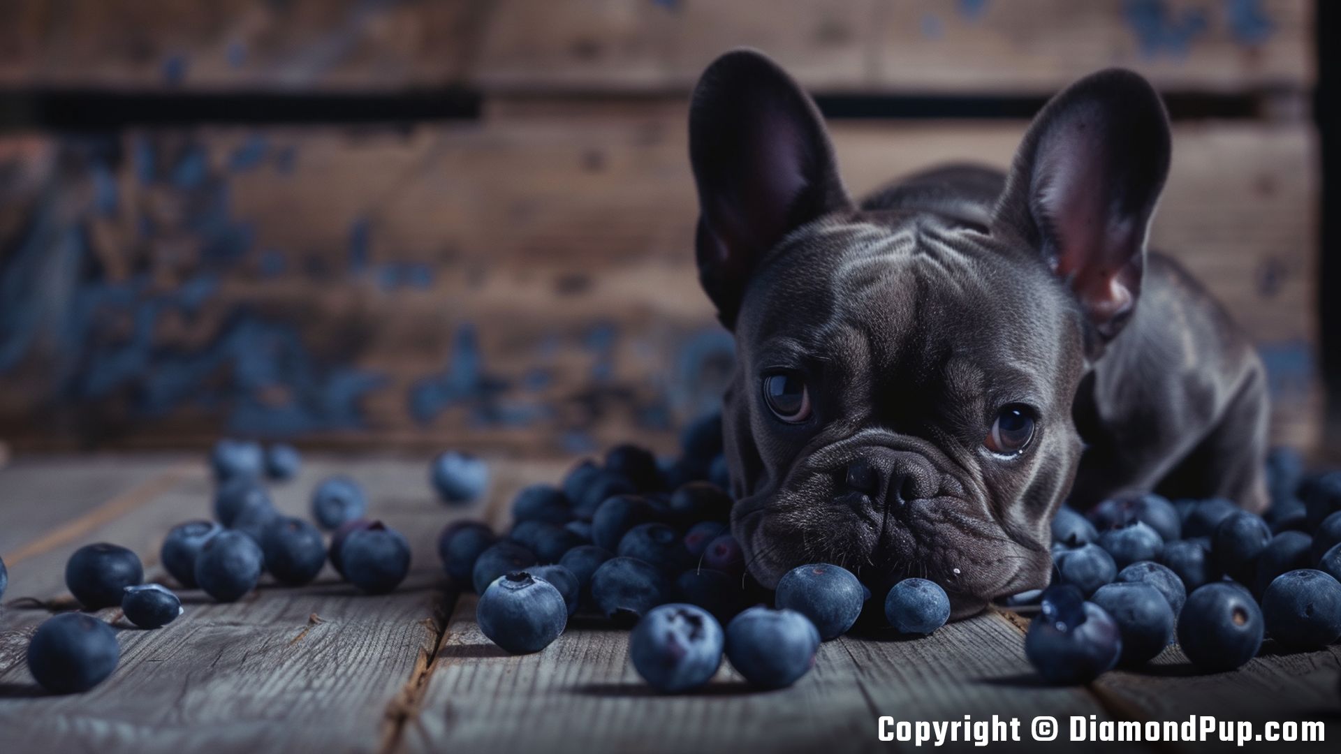 Image of a Cute French Bulldog Eating Blueberries