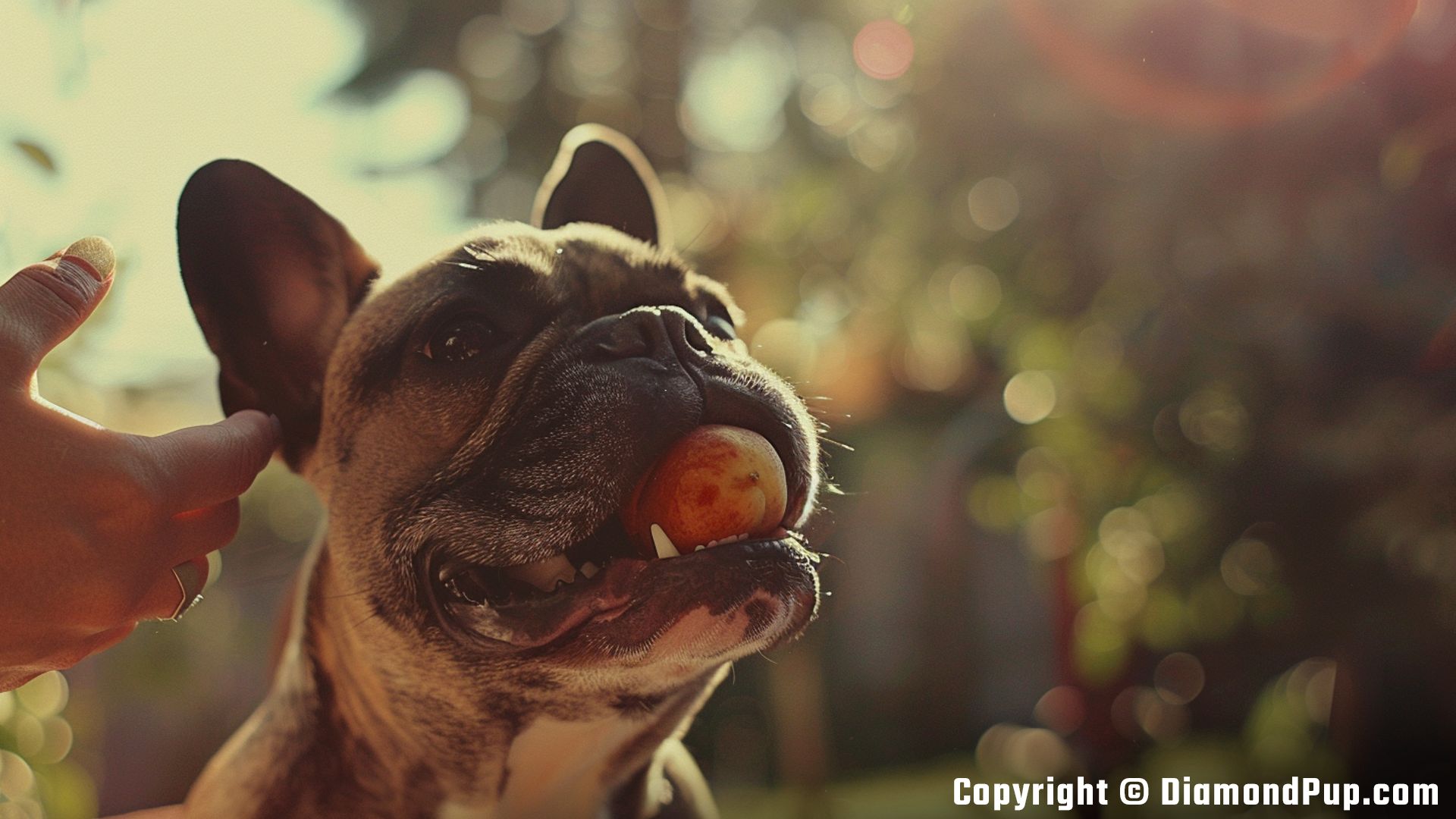 Image of a Cute French Bulldog Eating Peaches