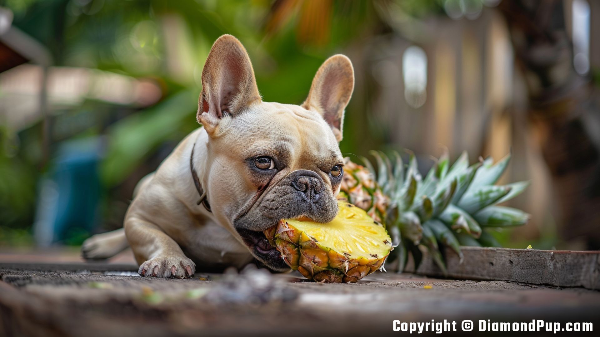 Image of a Cute French Bulldog Eating Pineapple