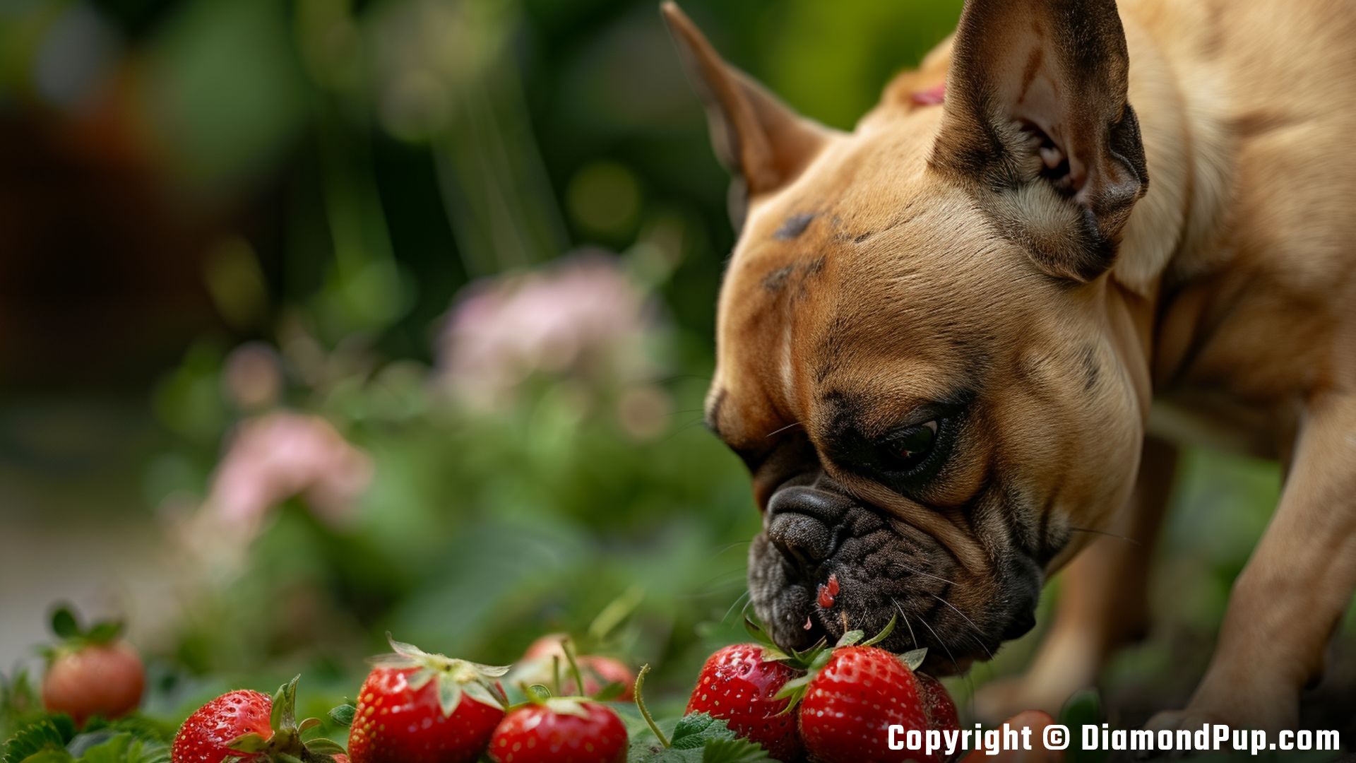 Image of a Cute French Bulldog Eating Strawberries