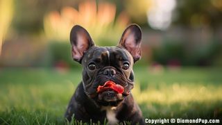 Image of a Cute French Bulldog Snacking on Bacon