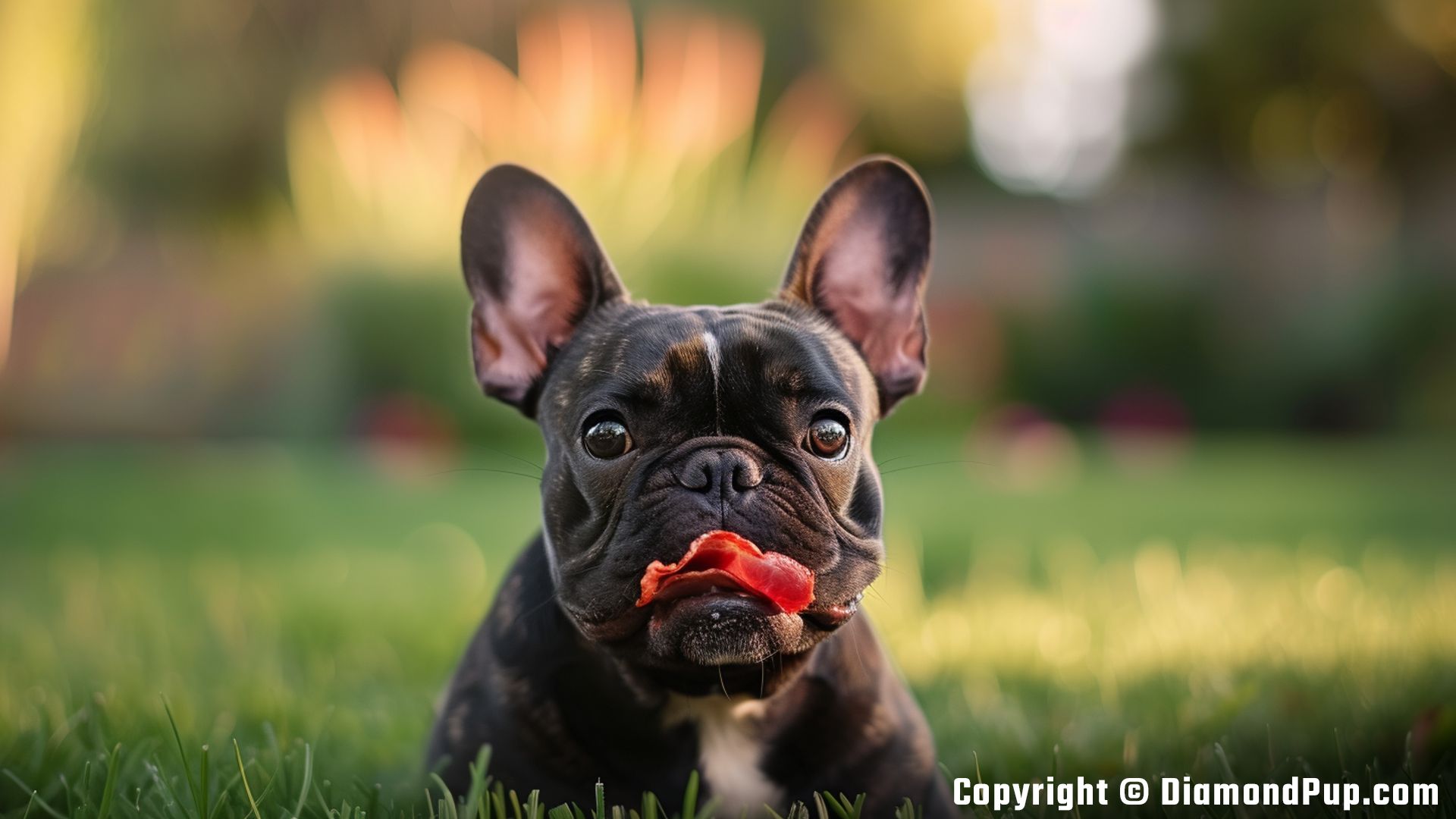 Image of a Cute French Bulldog Snacking on Bacon