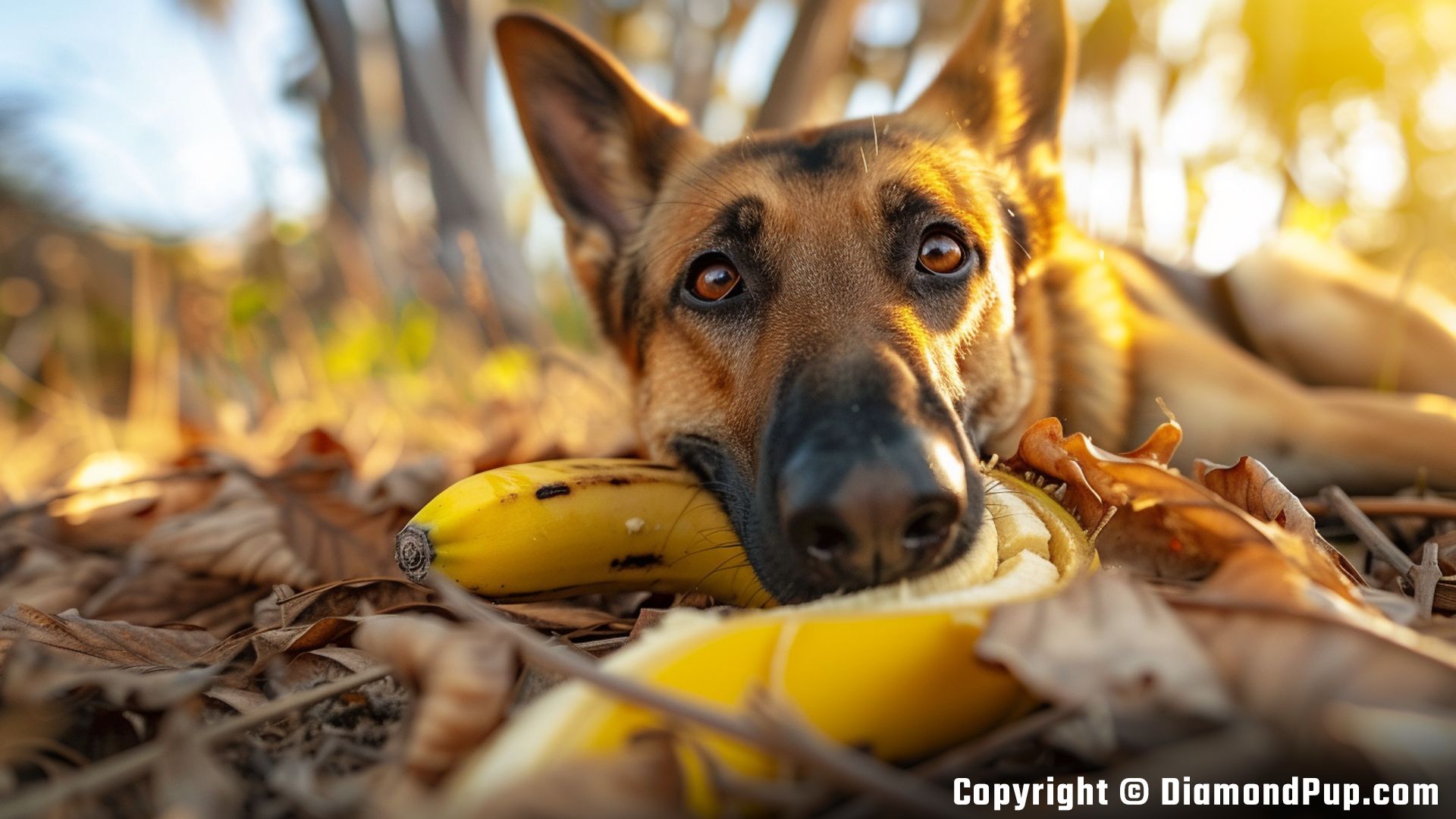 Image of a Cute German Shepherd Eating Banana