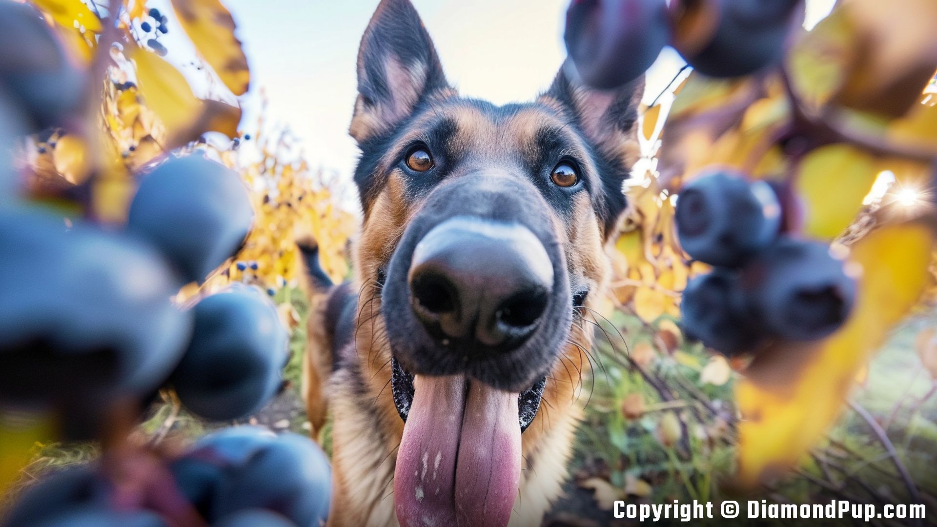 Image of a Cute German Shepherd Eating Blueberries