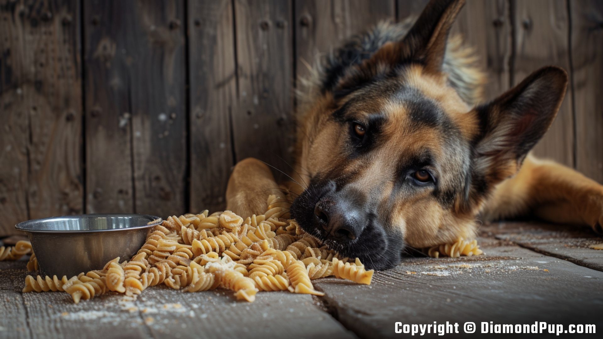 Image of a Cute German Shepherd Eating Pasta