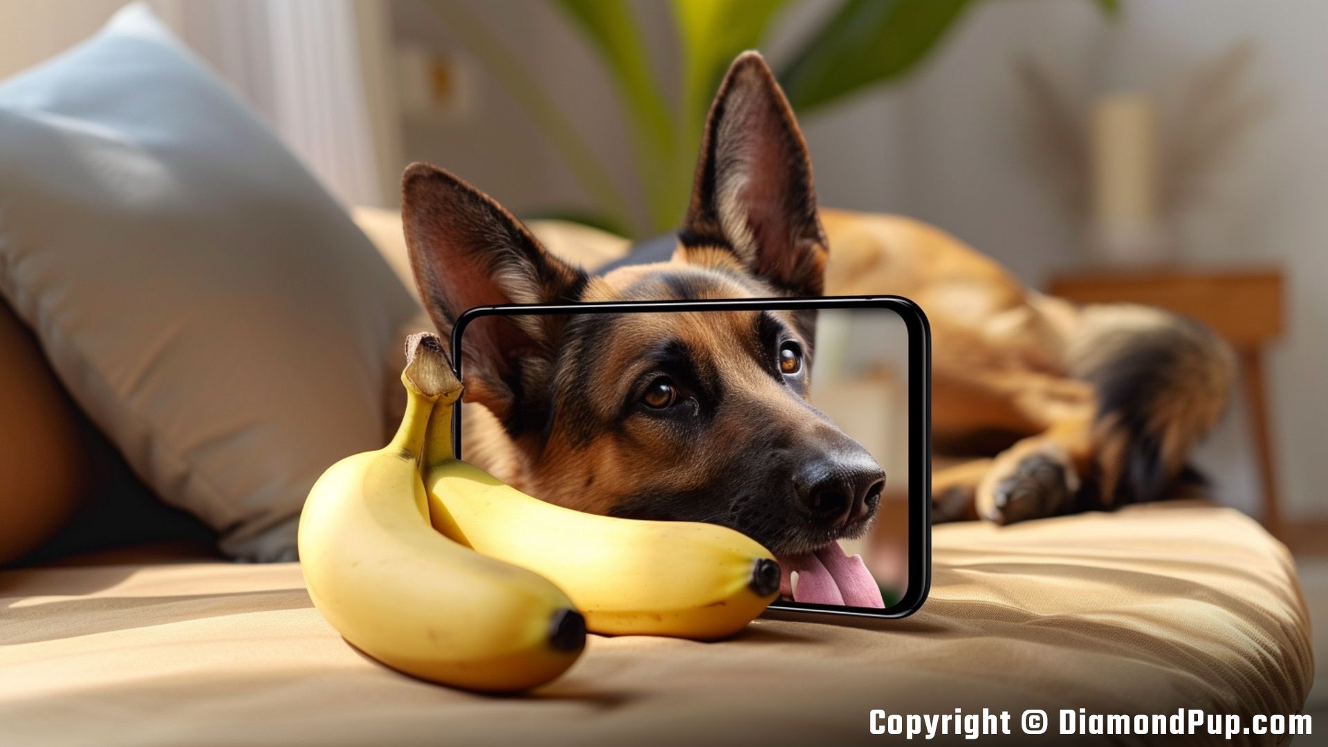 Image of a Cute German Shepherd Snacking on Banana