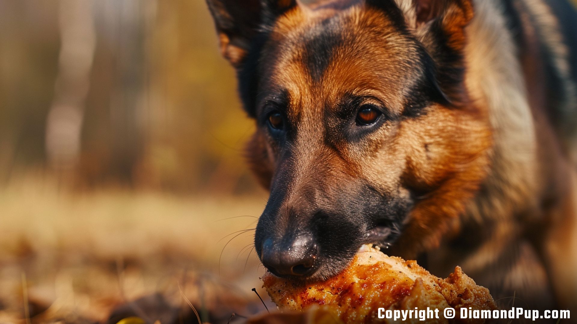 Image of a Cute German Shepherd Snacking on Chicken
