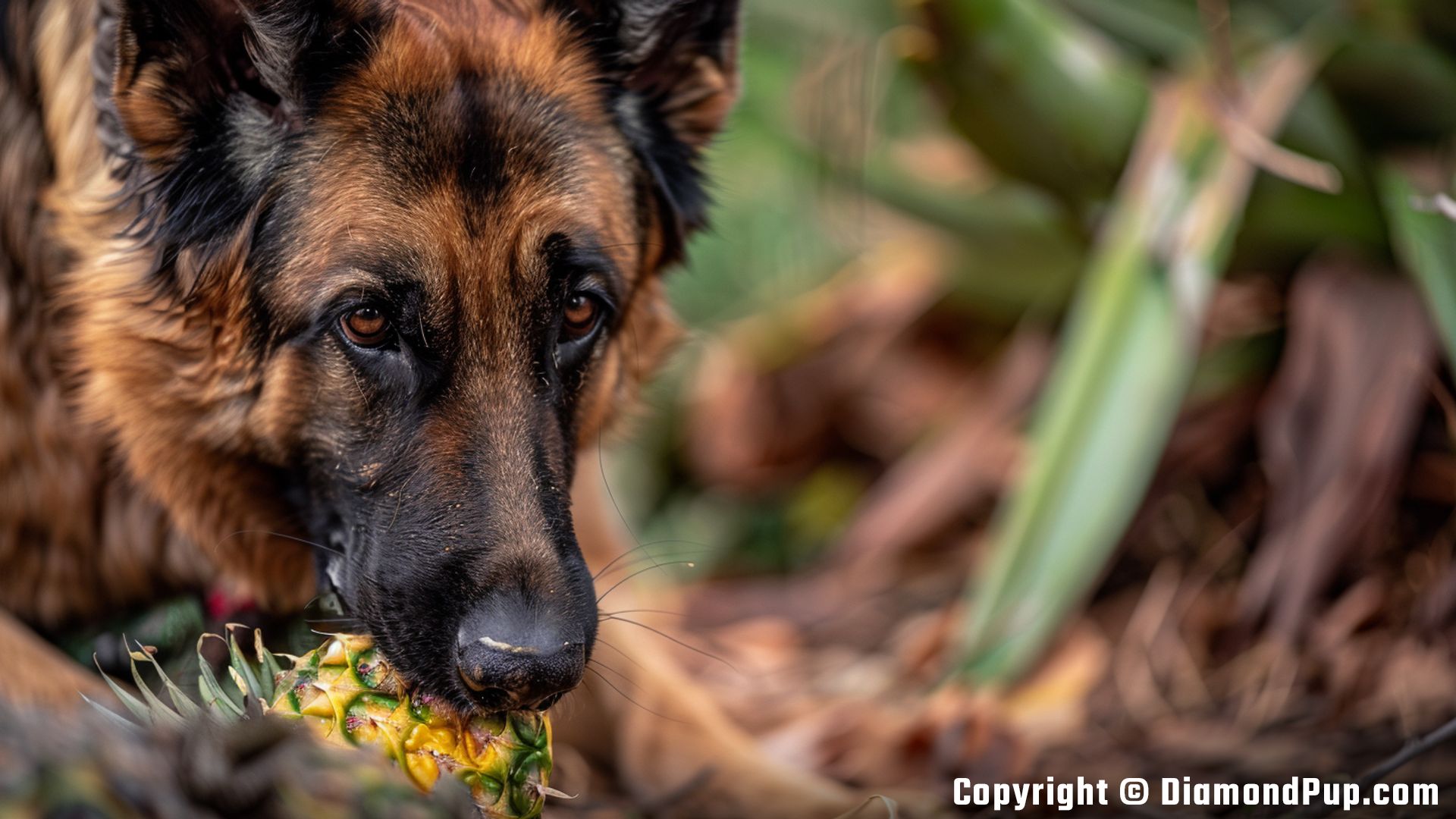 Image of a Cute German Shepherd Snacking on Pineapple