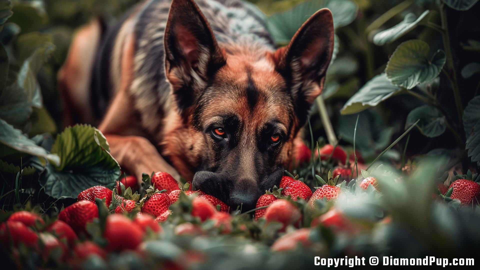 Image of a Cute German Shepherd Snacking on Strawberries