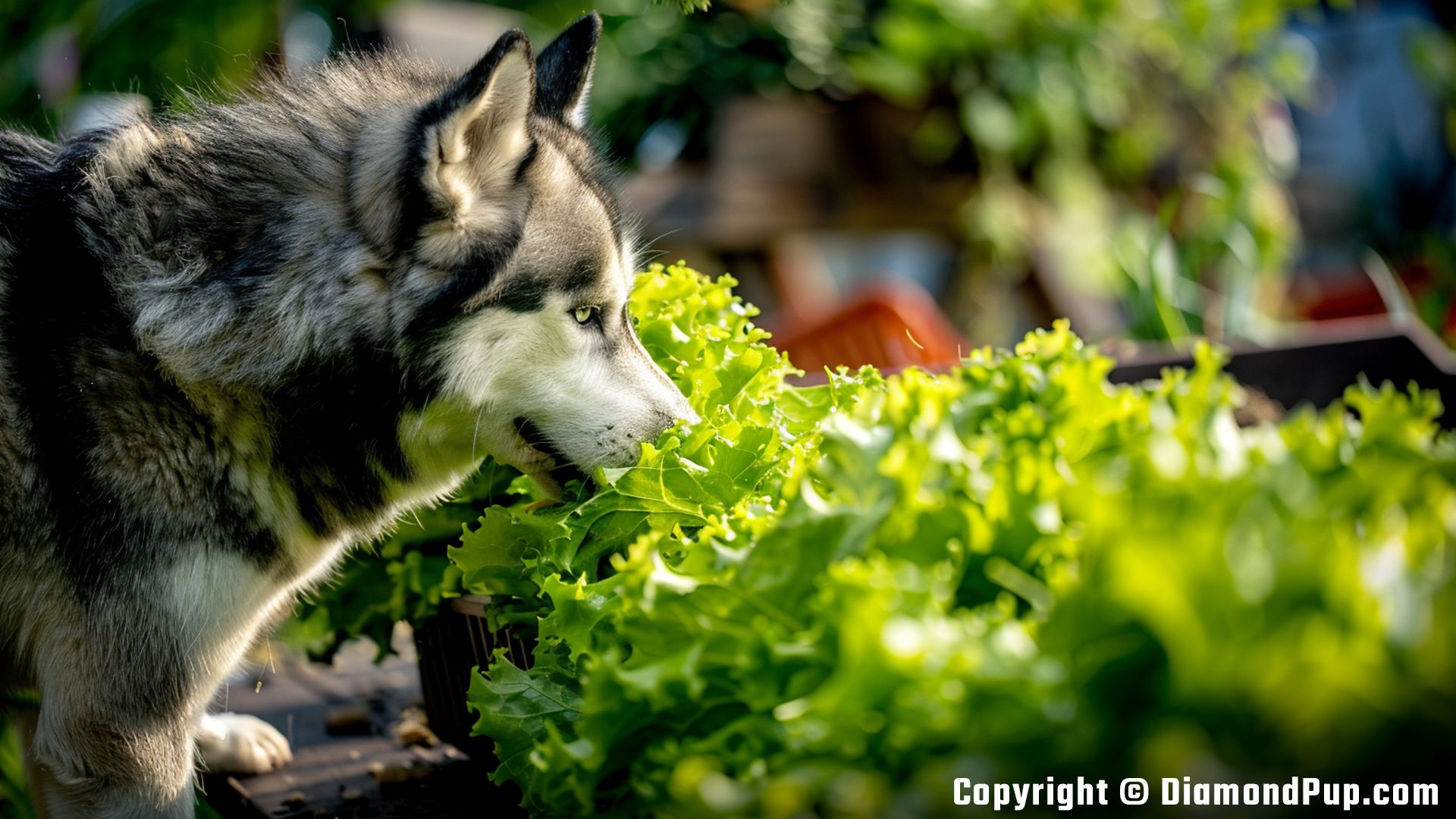 Image of a Cute Husky Eating Lettuce