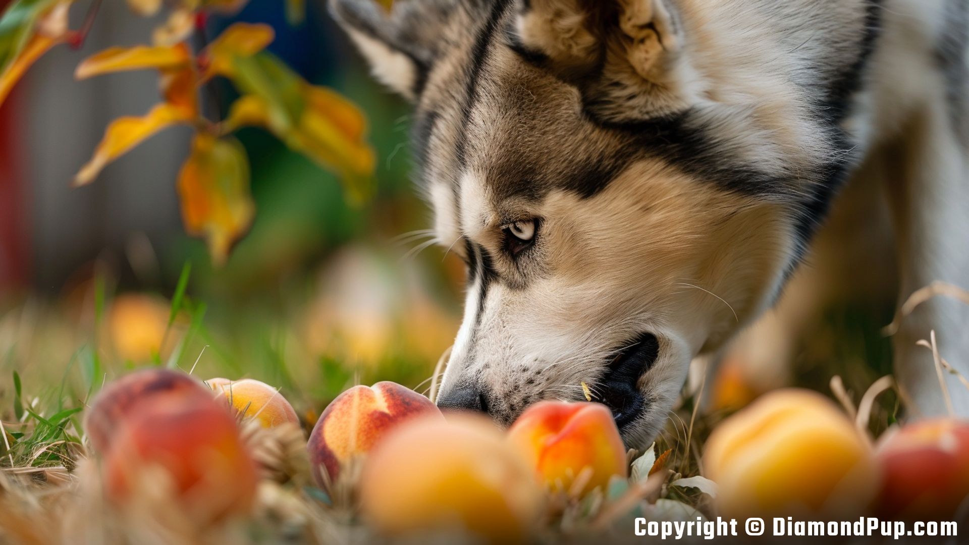 Image of a Cute Husky Eating Peaches