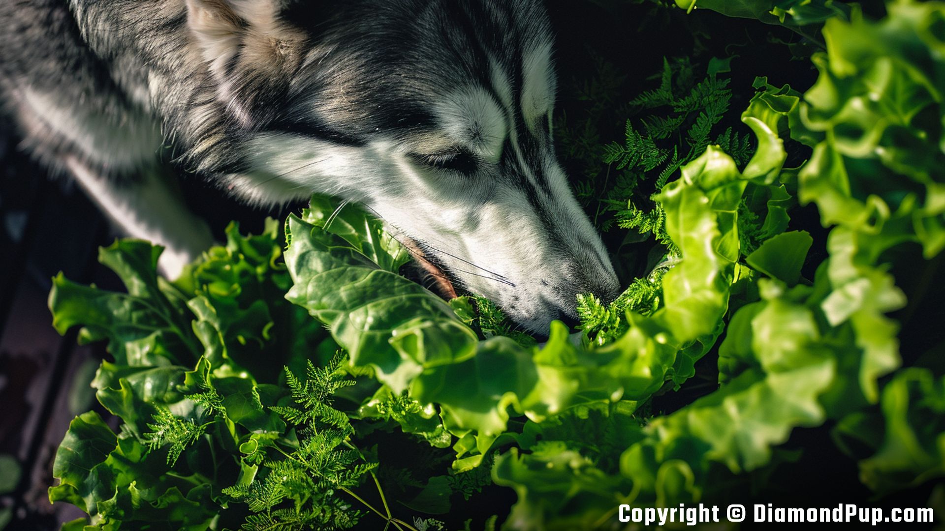 Image of a Cute Husky Snacking on Lettuce
