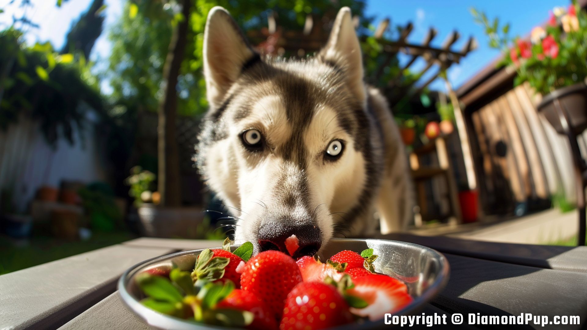 Image of a Cute Husky Snacking on Strawberries