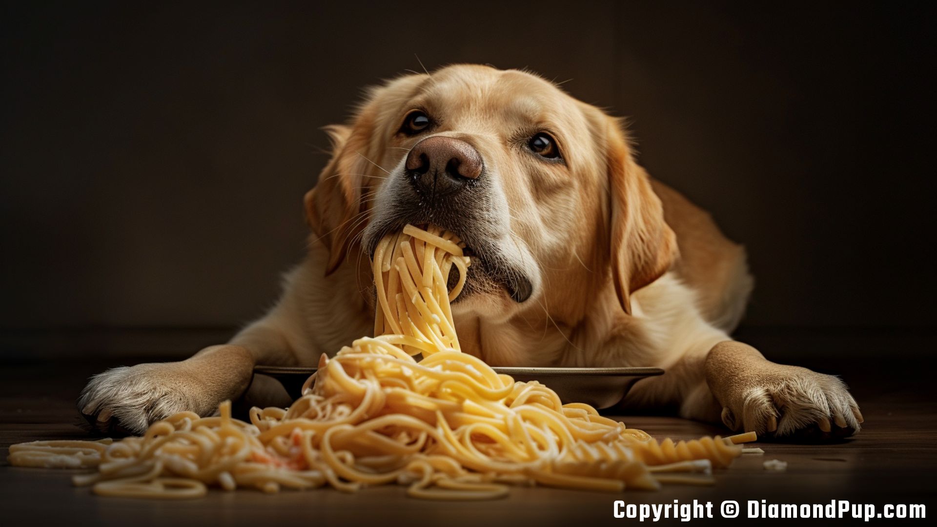 Image of a Cute Labrador Eating Pasta