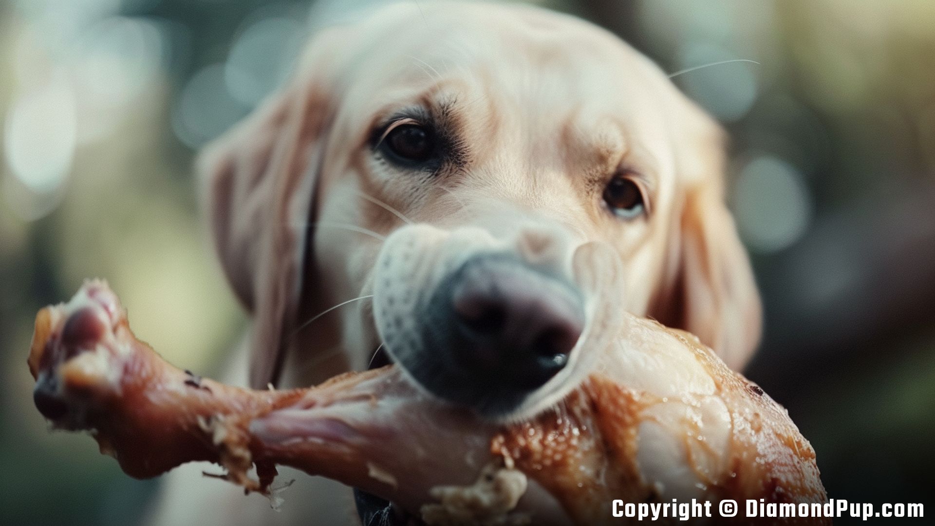 Image of a Cute Labrador Snacking on Chicken