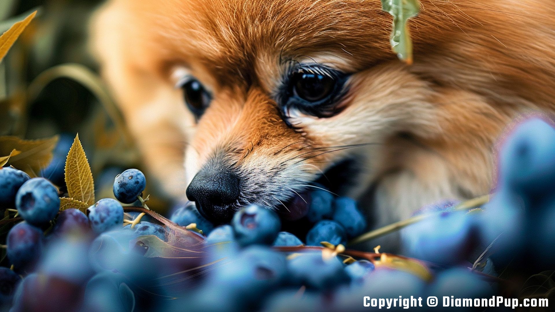 Image of a Cute Pomeranian Eating Blueberries