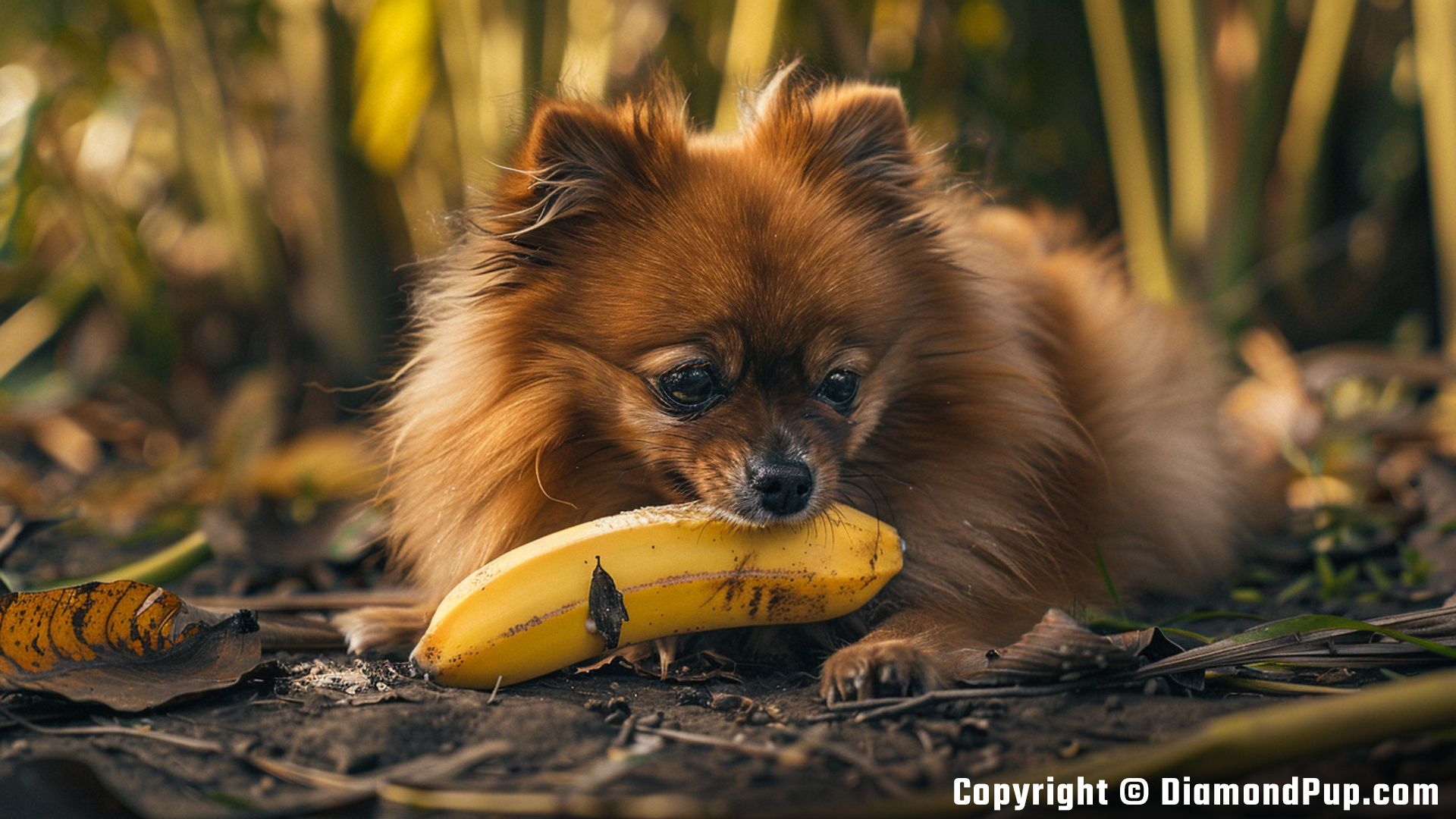 Image of a Cute Pomeranian Snacking on Banana