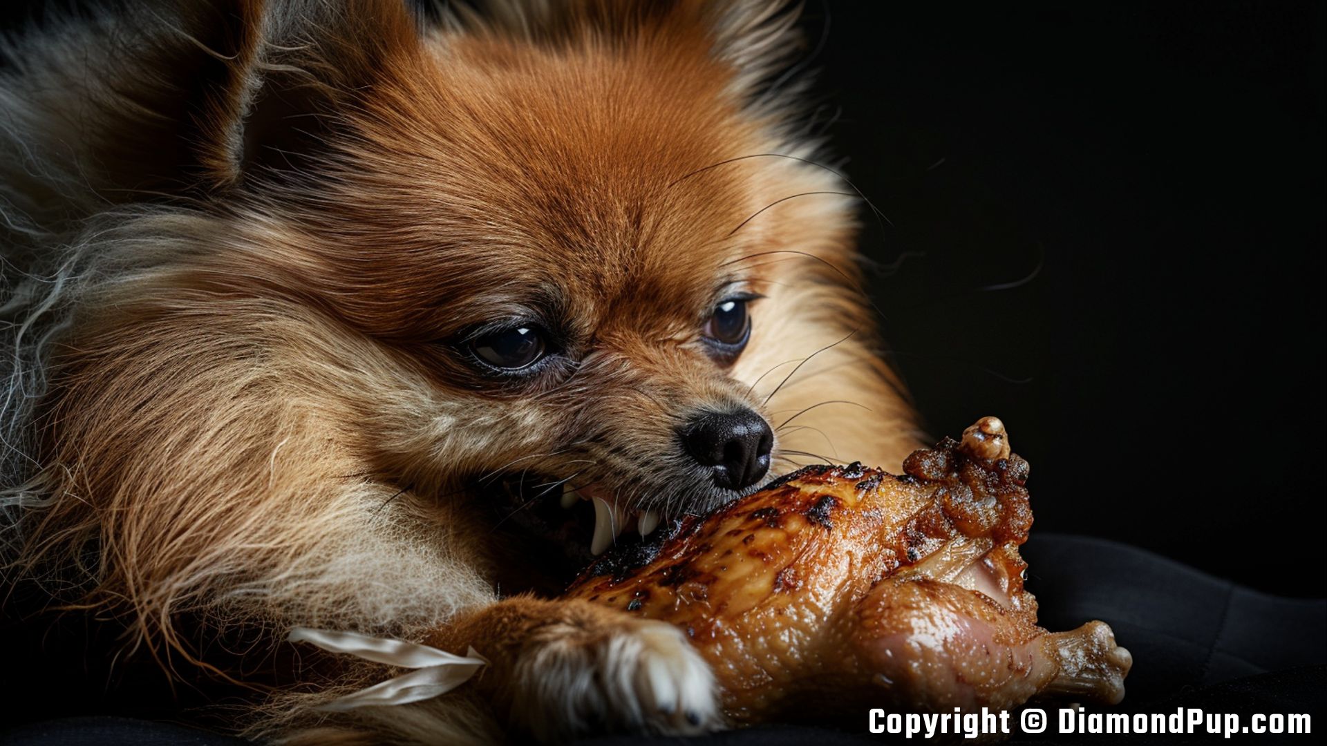 Image of a Cute Pomeranian Snacking on Chicken