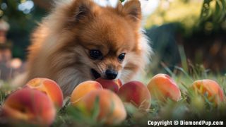 Image of a Cute Pomeranian Snacking on Peaches