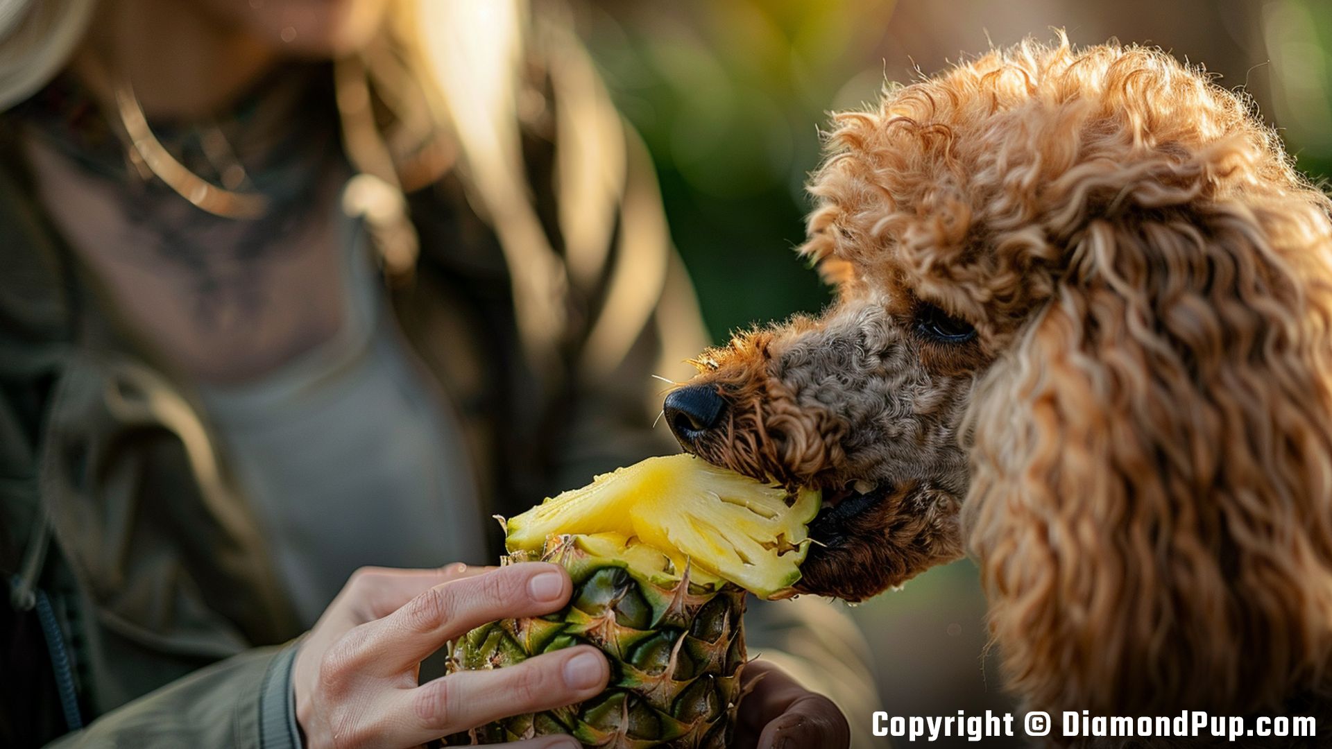 Image of a Cute Poodle Eating Pineapple