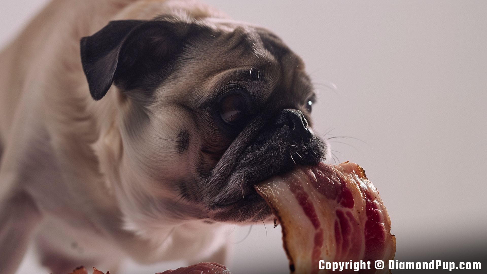 Image of a Cute Pug Eating Bacon
