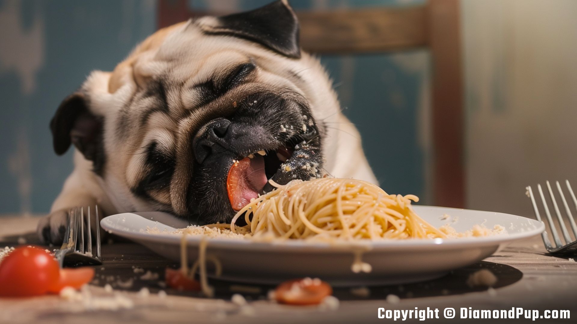 Image of a Cute Pug Eating Pasta