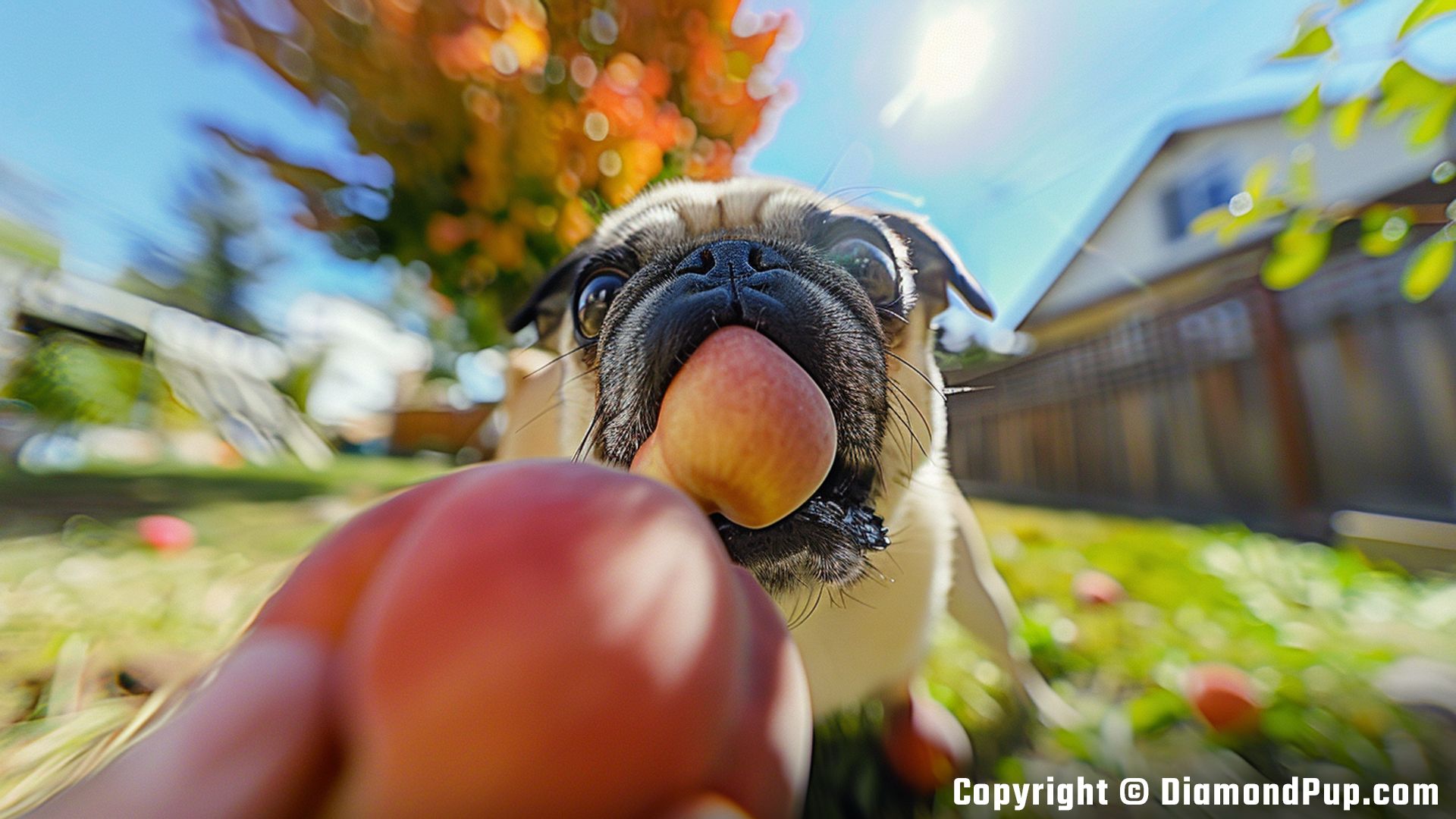 Image of a Cute Pug Eating Peaches