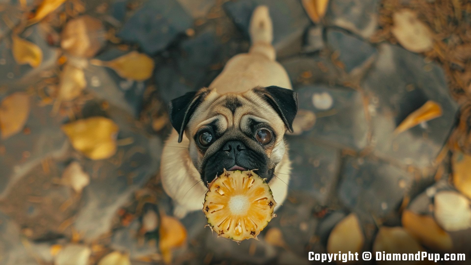 Image of a Cute Pug Eating Pineapple