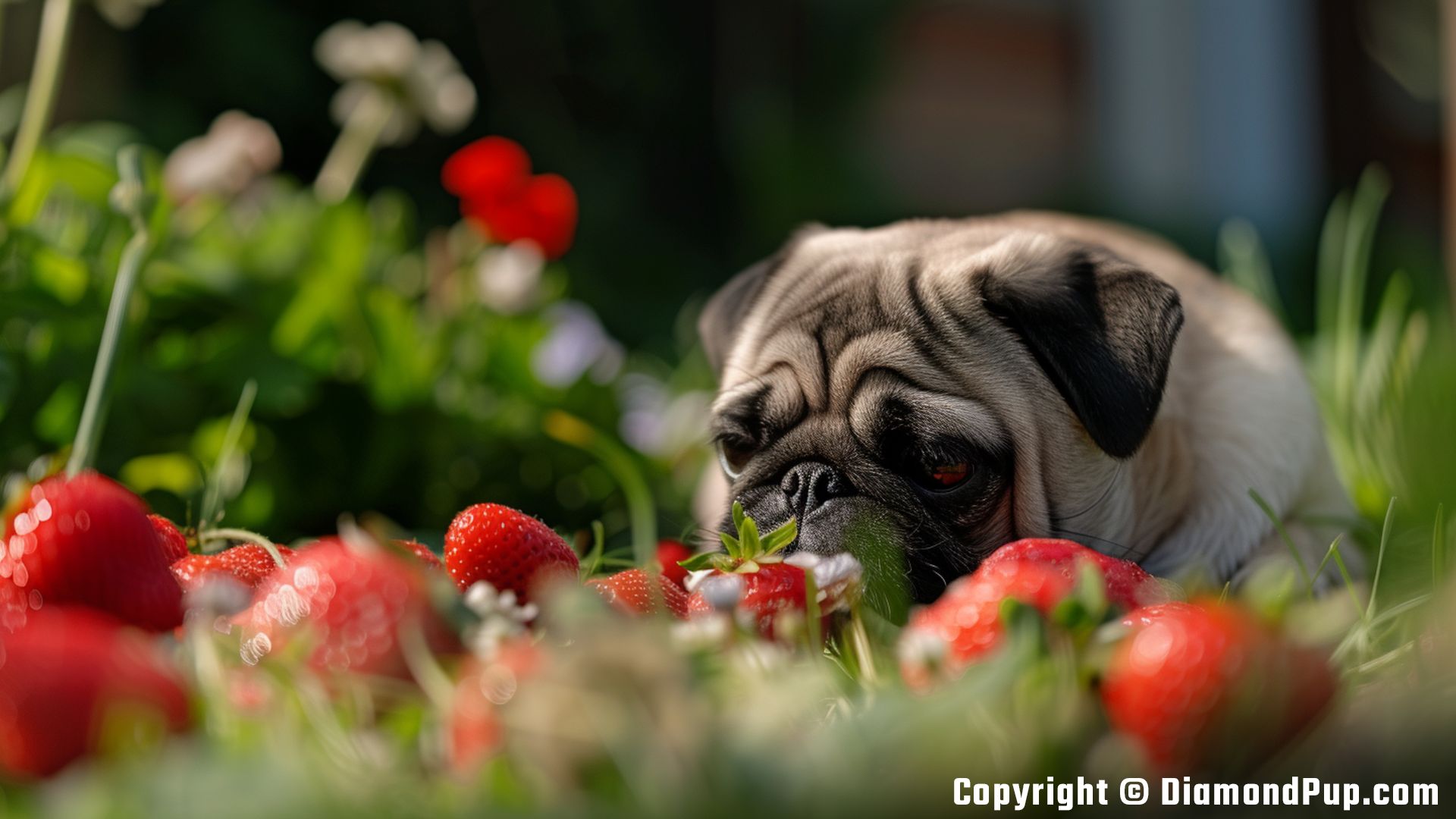 Image of a Cute Pug Eating Strawberries