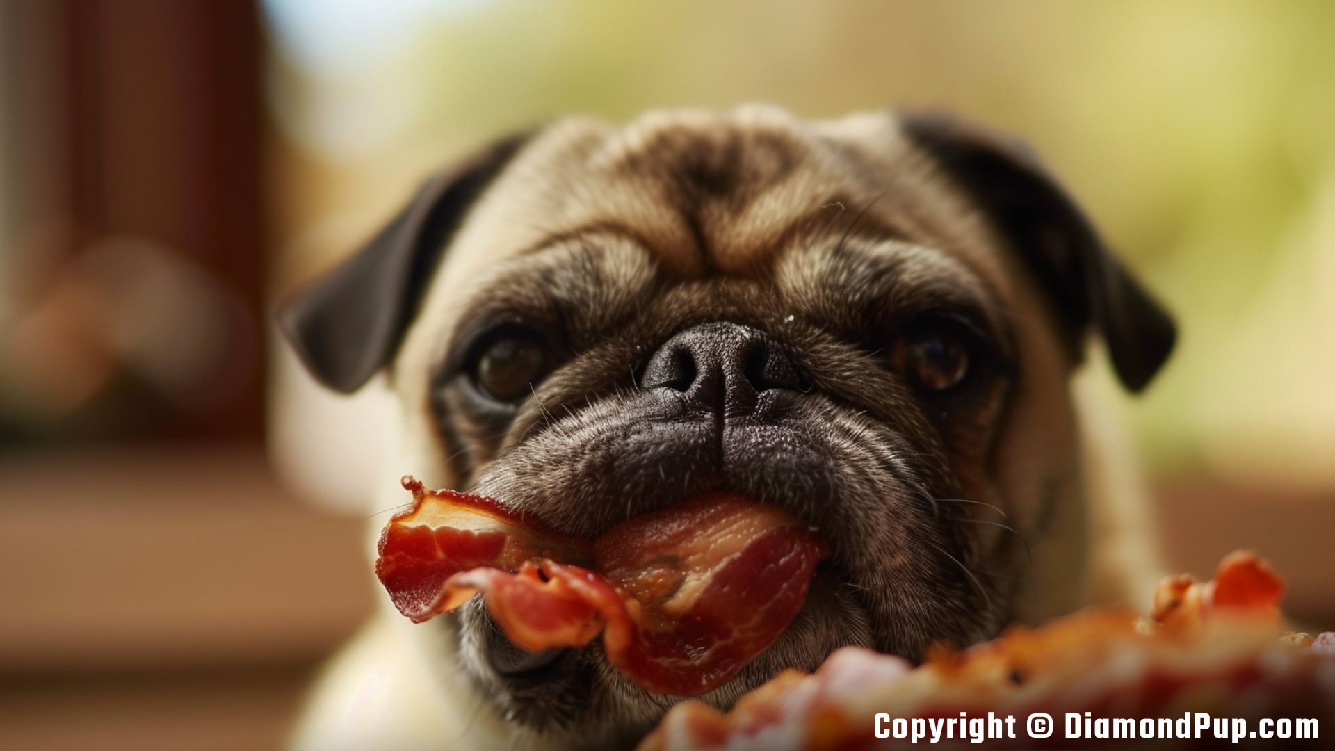 Image of a Cute Pug Snacking on Bacon