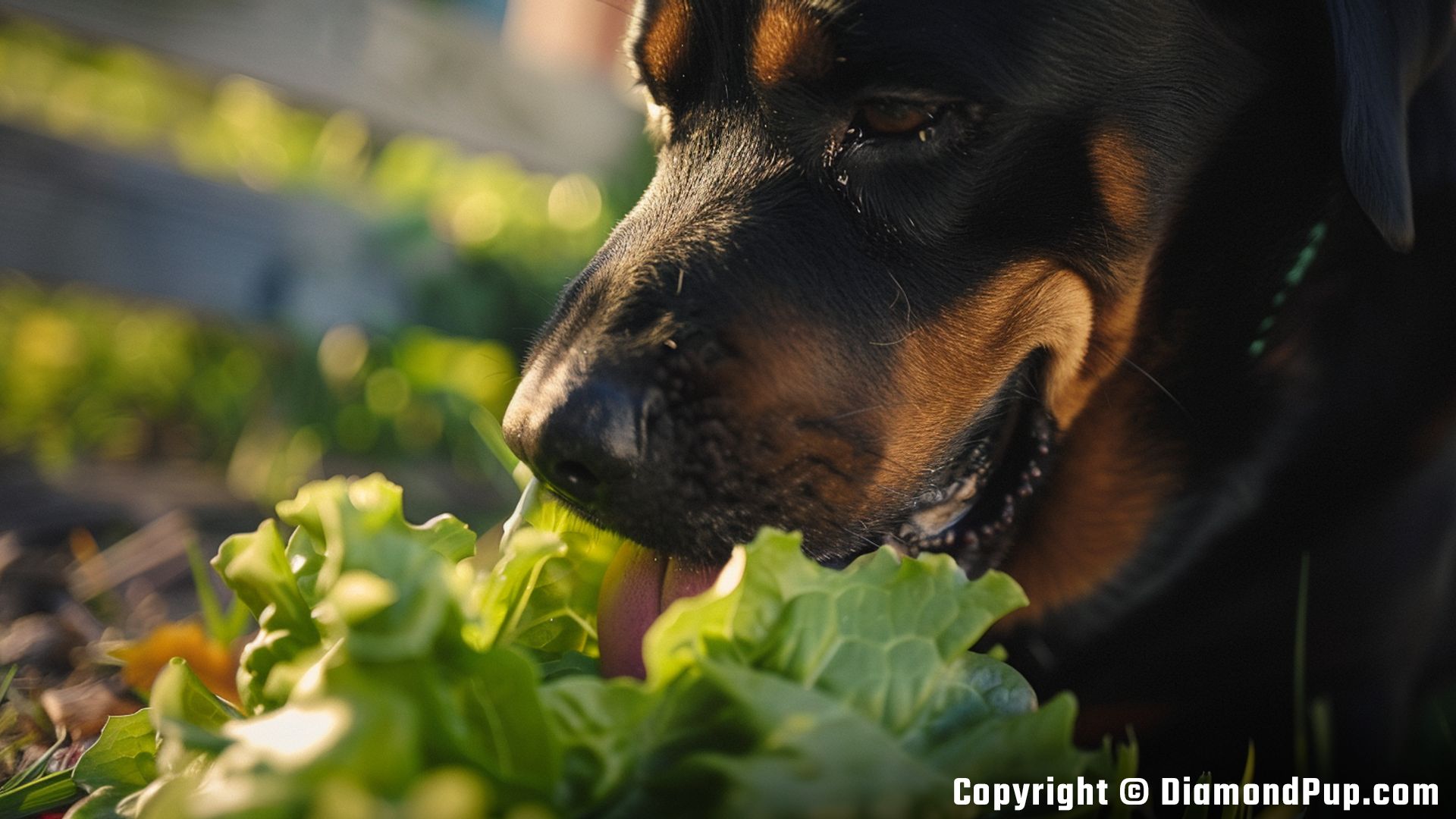 Image of a Cute Rottweiler Eating Lettuce