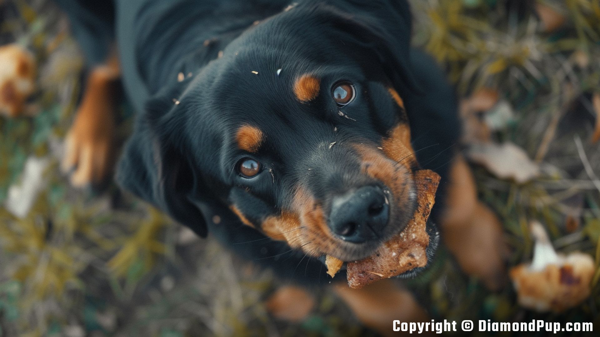 Image of a Cute Rottweiler Snacking on Chicken