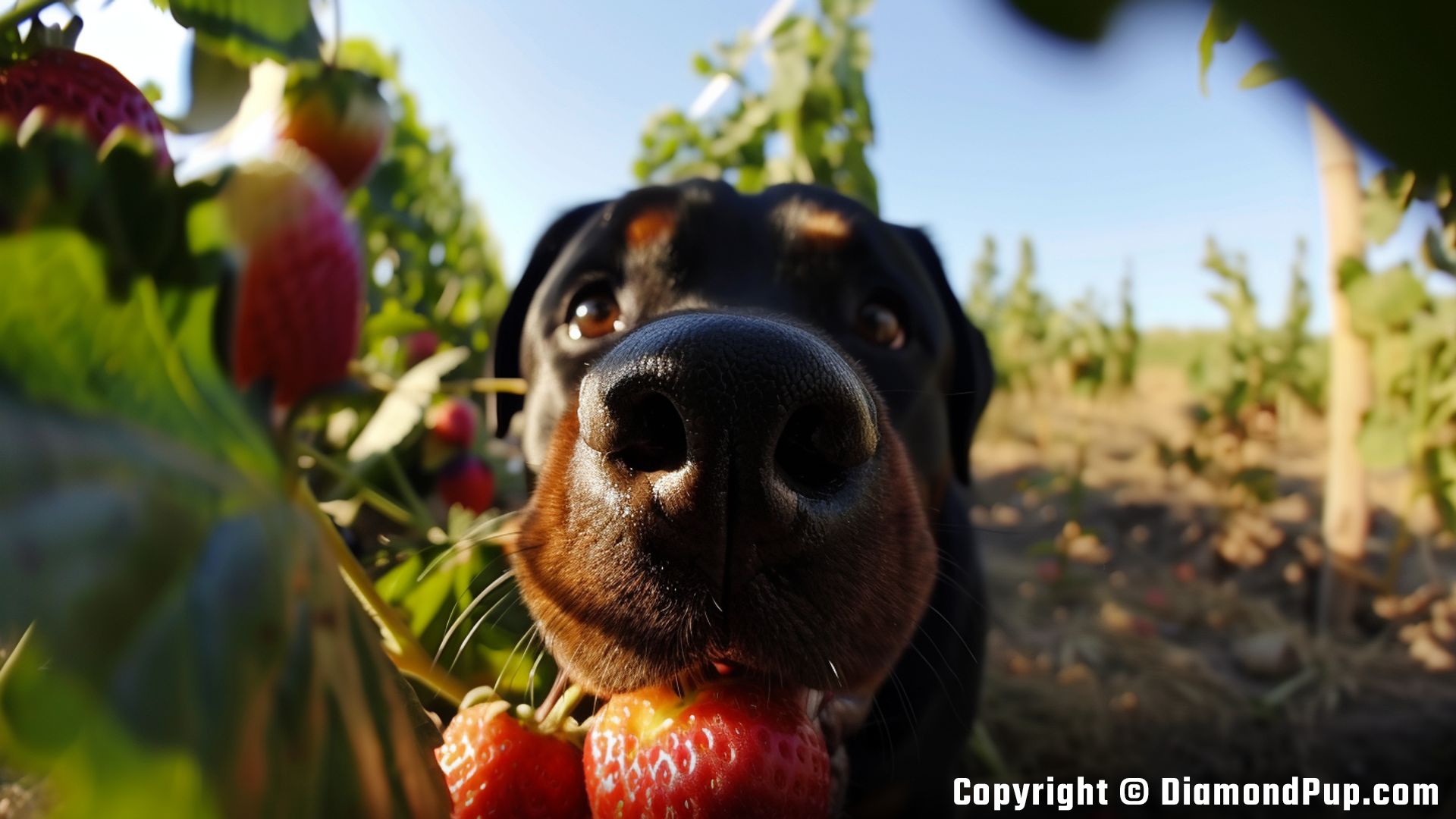 Image of a Cute Rottweiler Snacking on Strawberries