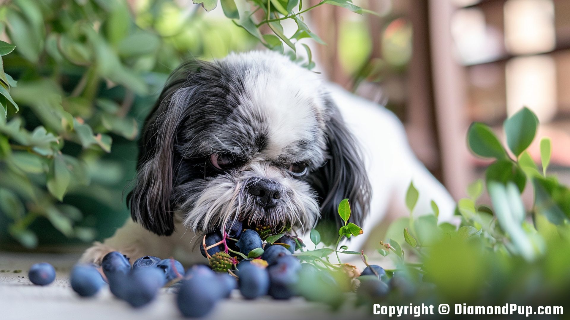Image of a Cute Shih Tzu Eating Blueberries