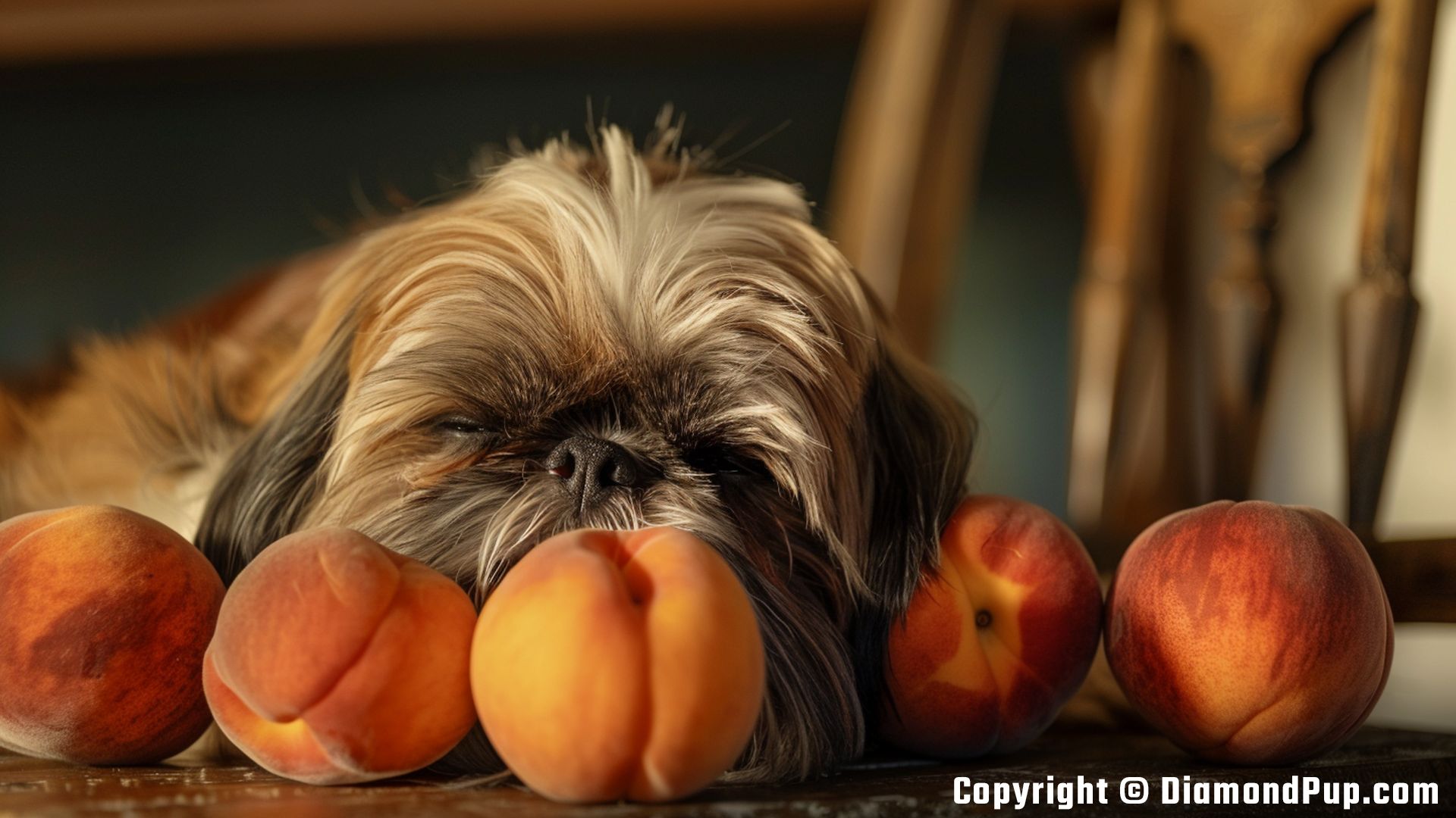 Image of a Cute Shih Tzu Eating Peaches