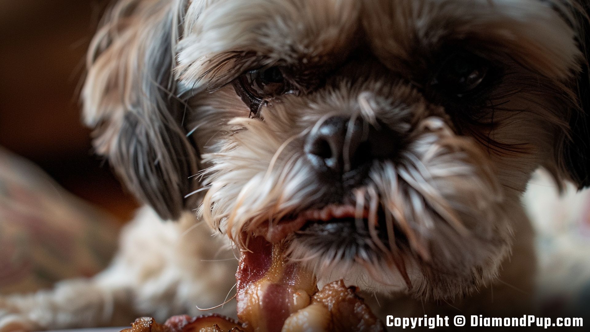 Image of a Cute Shih Tzu Snacking on Bacon