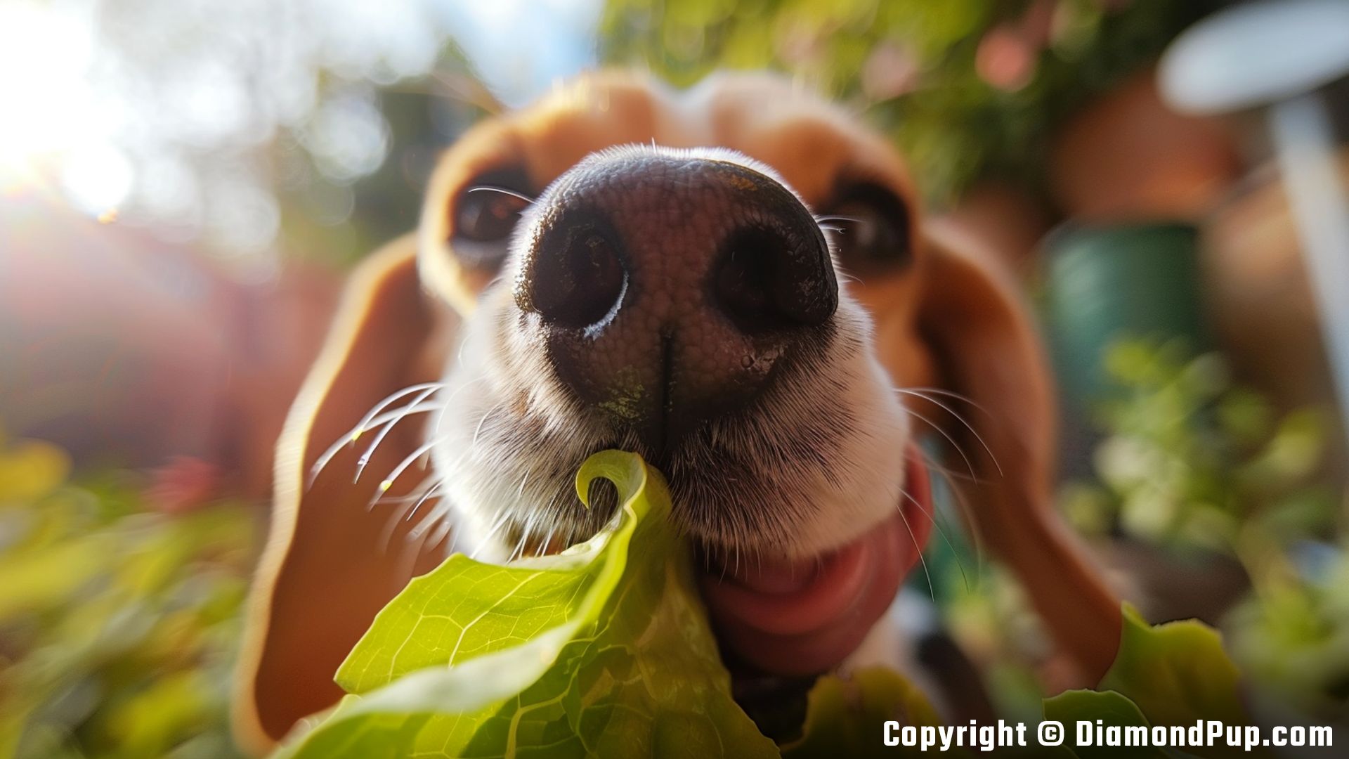 Image of a Happy Beagle Eating Lettuce