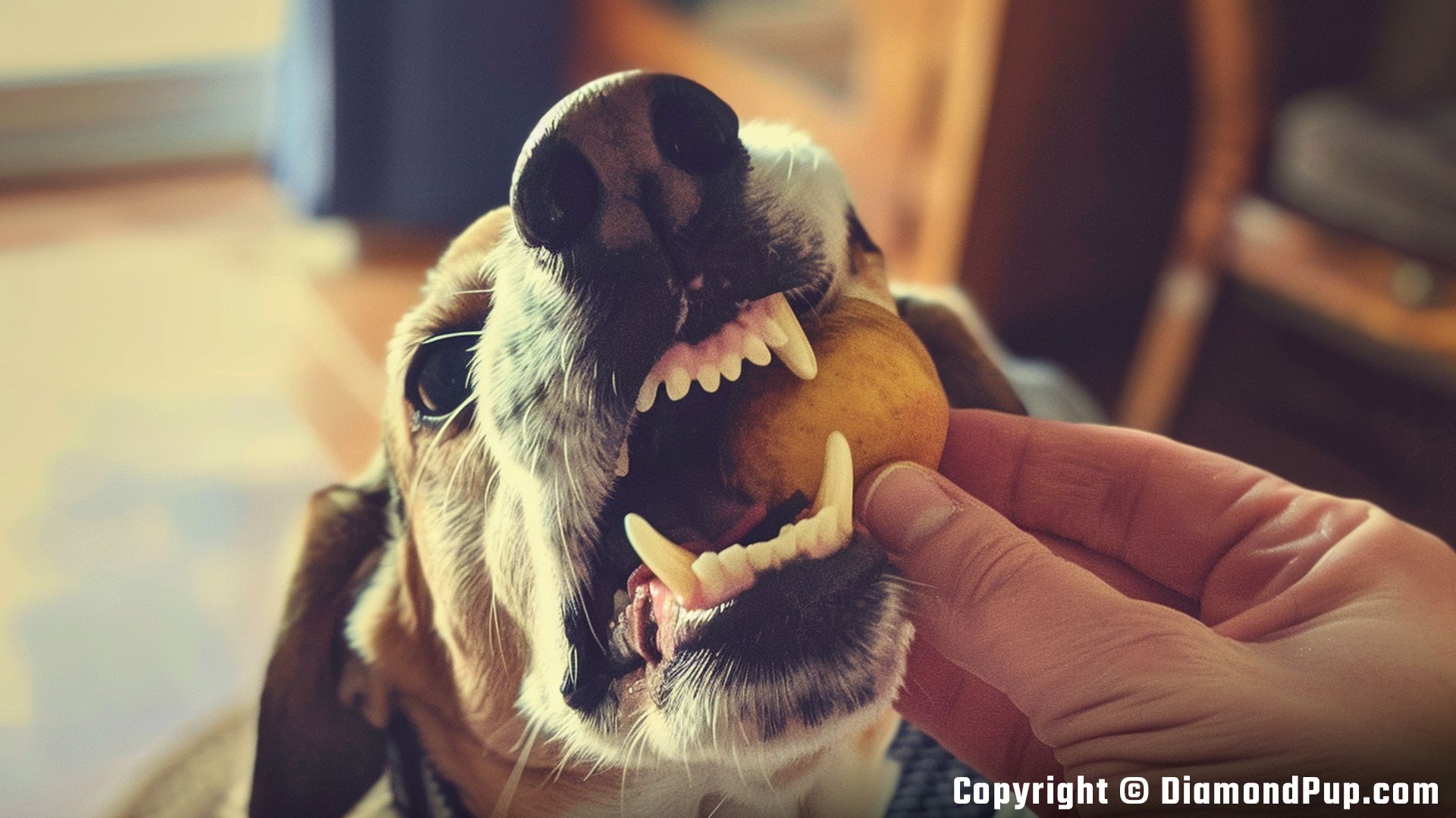 Image of a Happy Beagle Eating Peaches