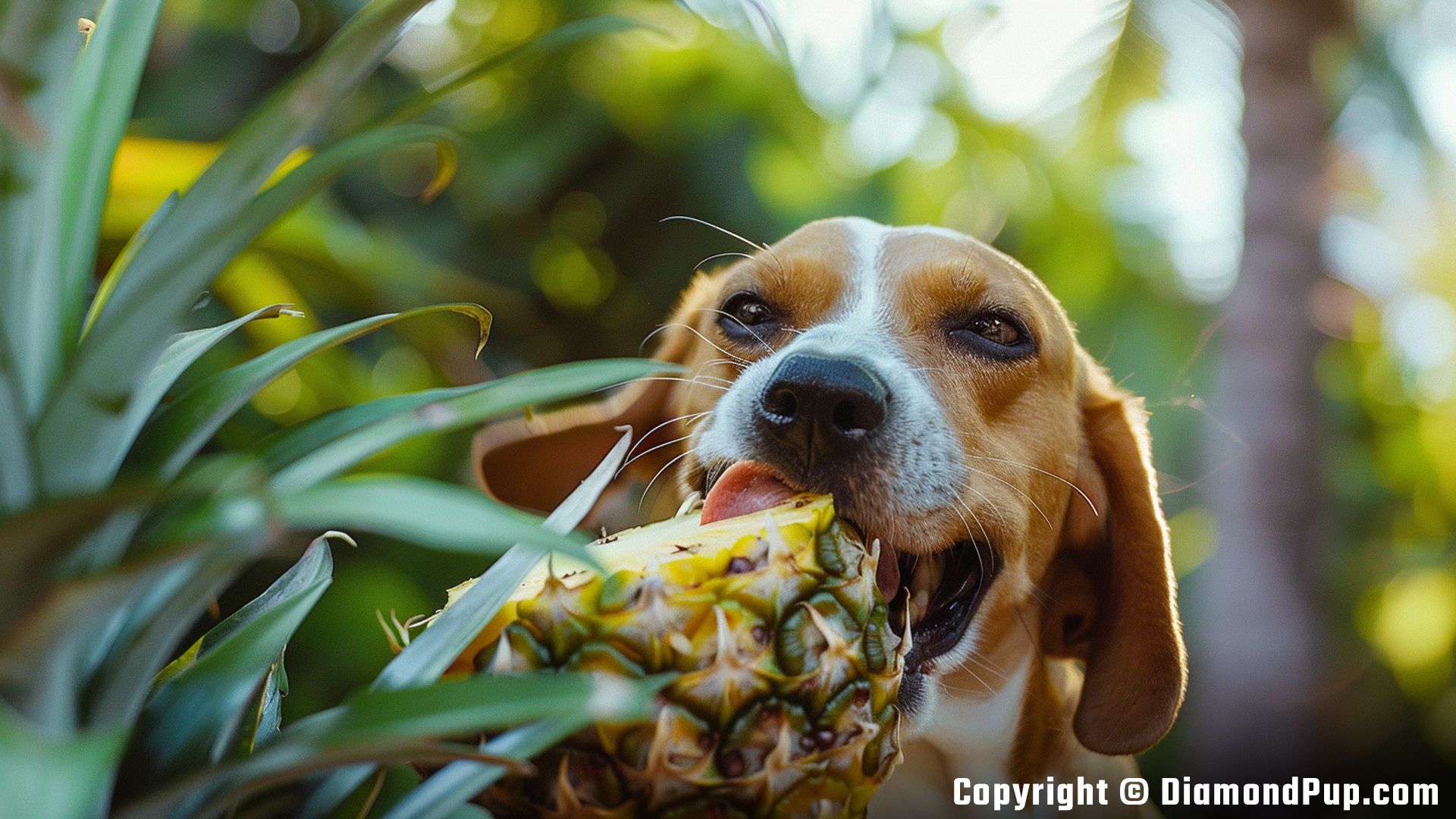 Image of a Happy Beagle Eating Pineapple