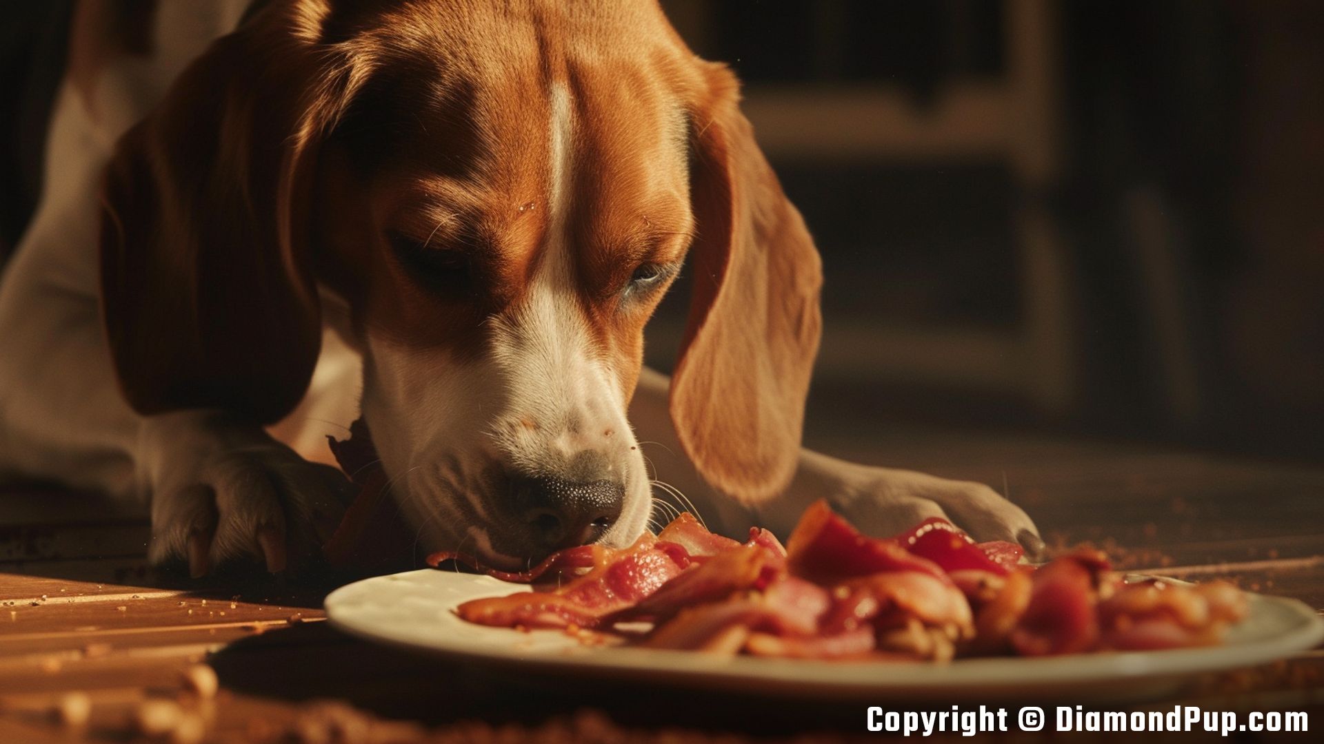 Image of a Happy Beagle Snacking on Bacon